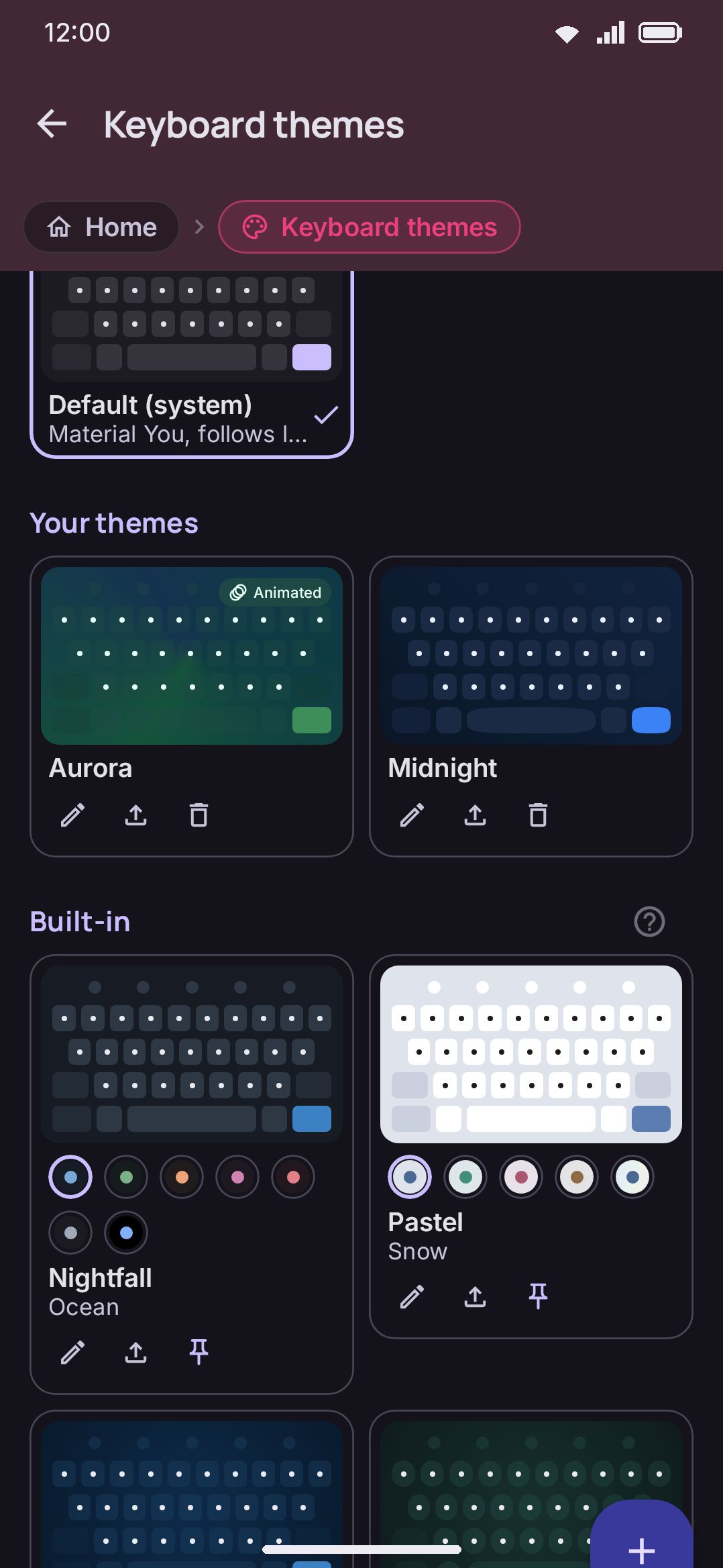 The theme gallery: custom themes on top, built-in themes below.