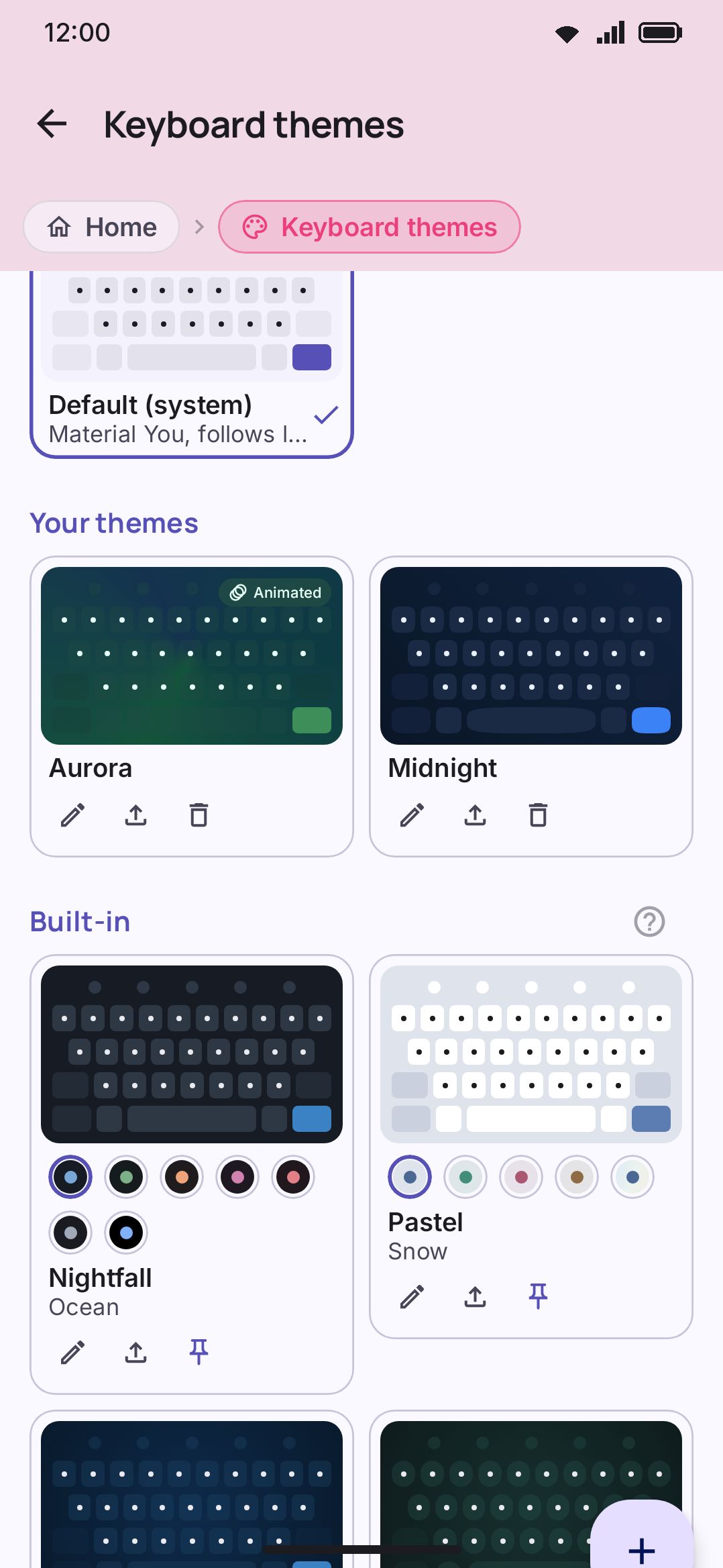 The theme gallery: custom themes on top, built-in themes below.