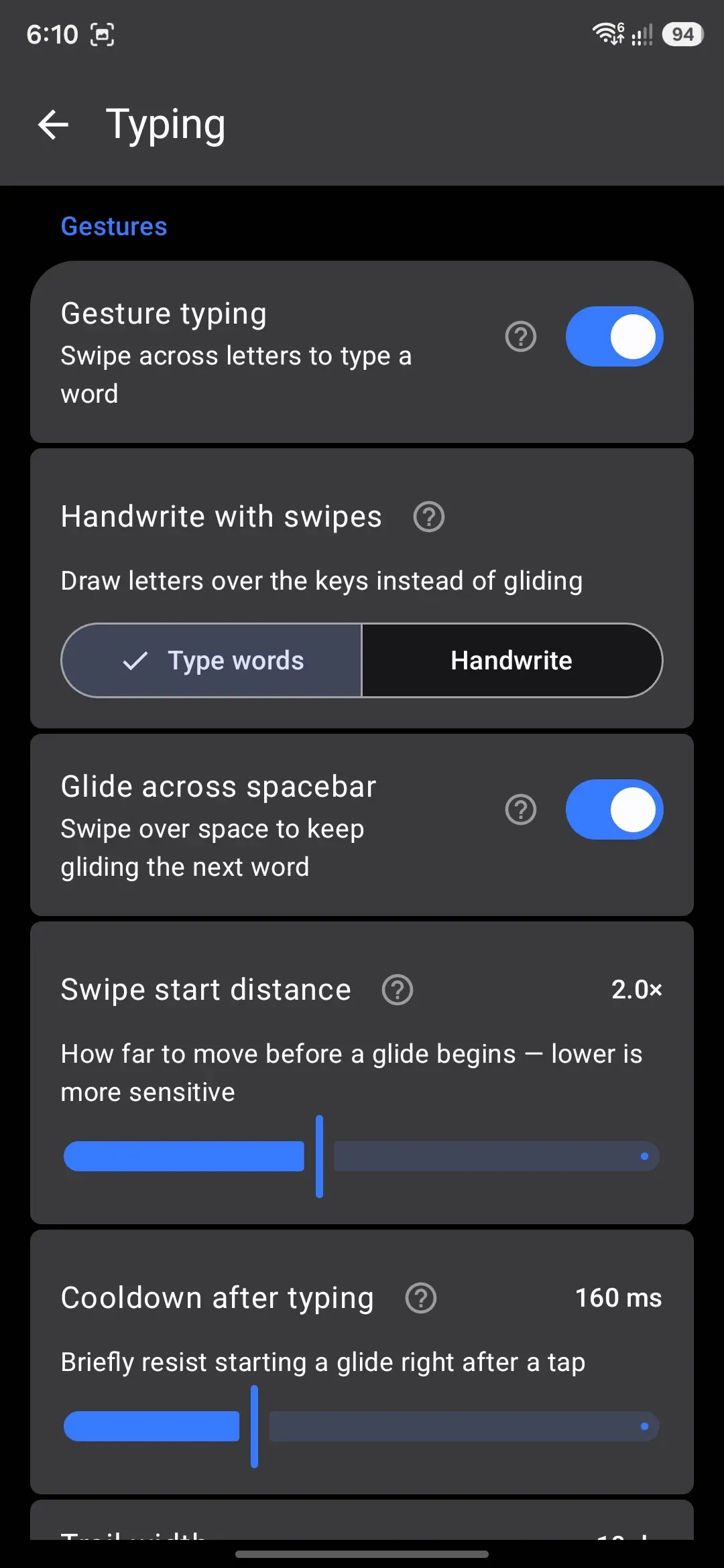 The Gestures group on the Typing settings screen — home to most of the spacebar and backspace gestures below.
