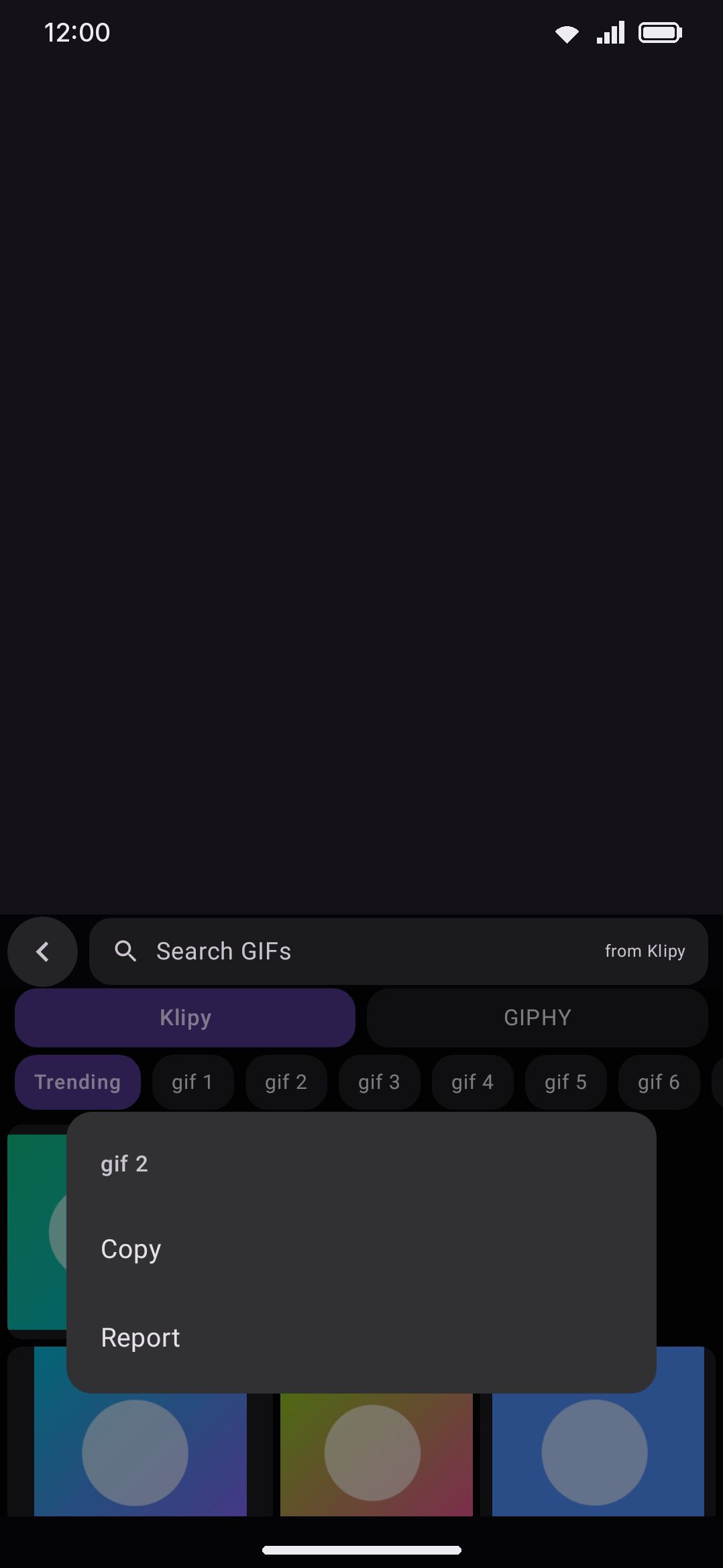 Long-press menu over a GIF result: Copy and Report.