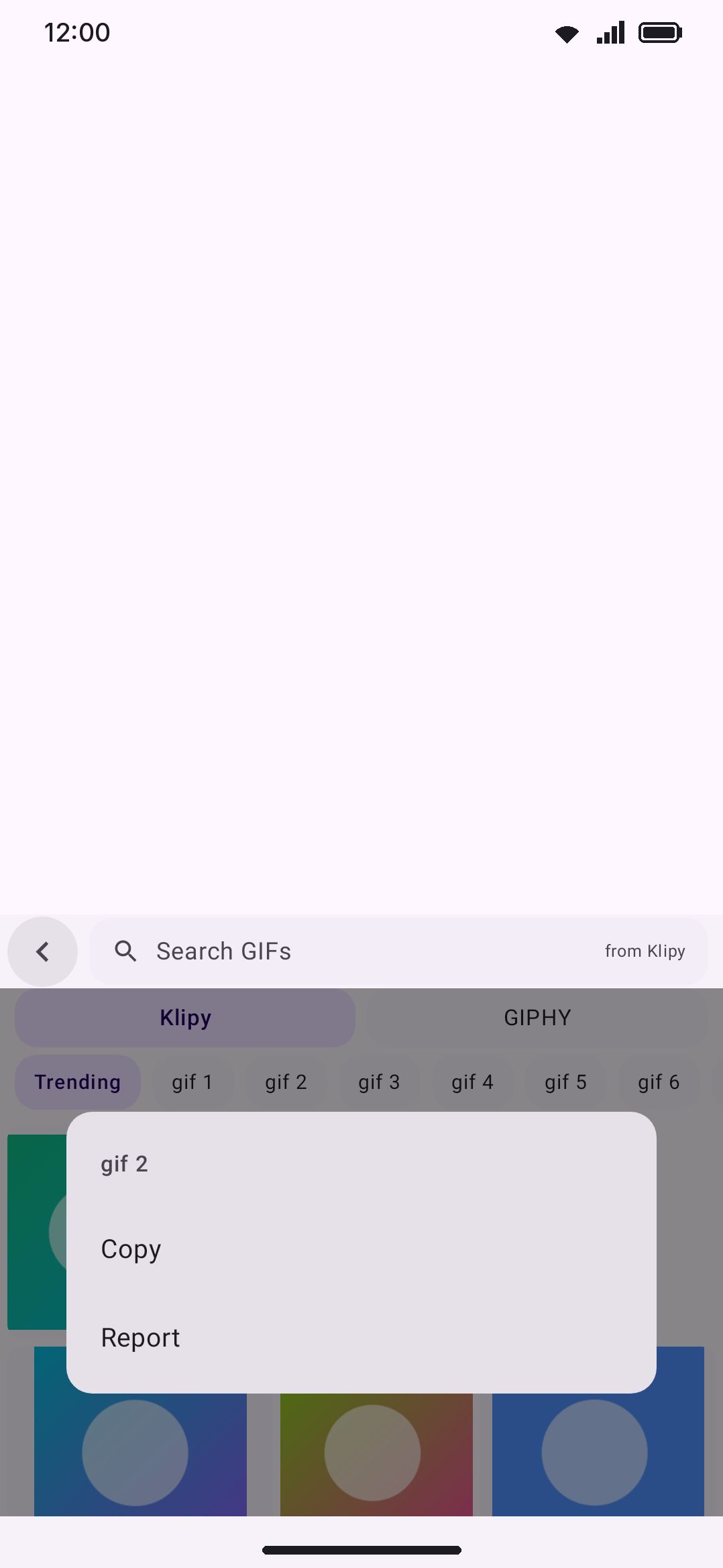 Long-press menu over a GIF result: Copy and Report.