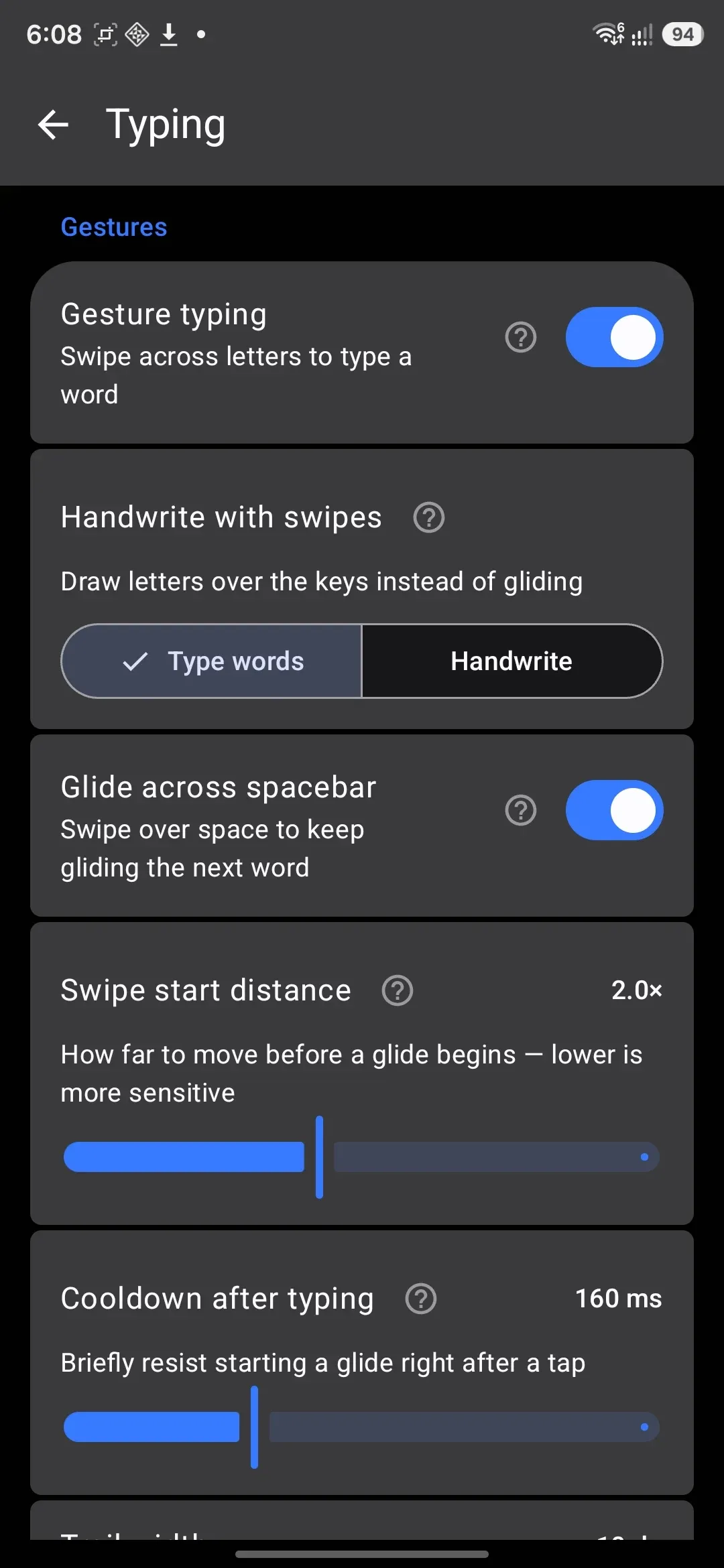 The Gestures group on the Typing settings screen.