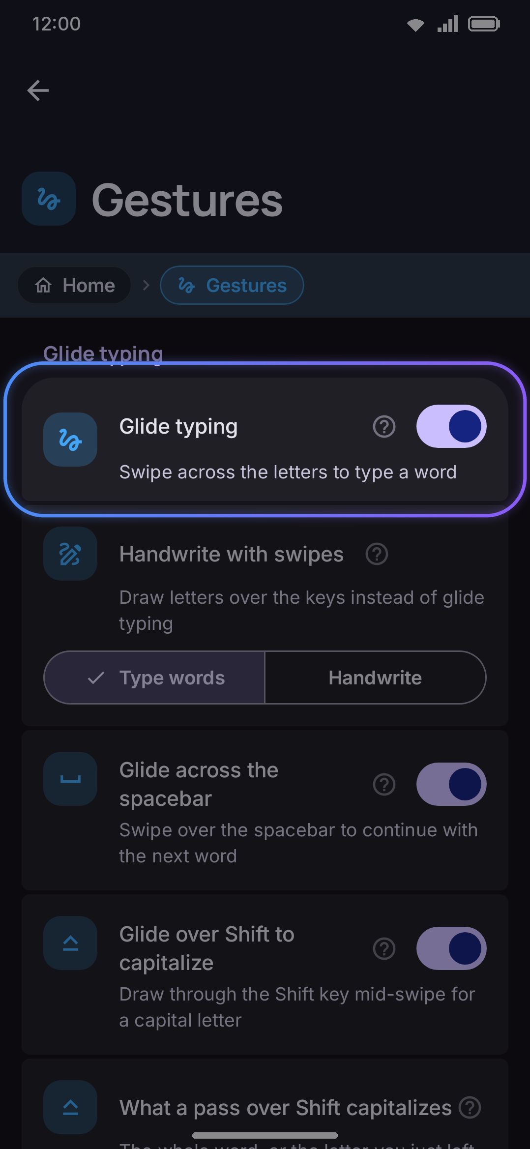 The Gestures group on the Typing settings screen.