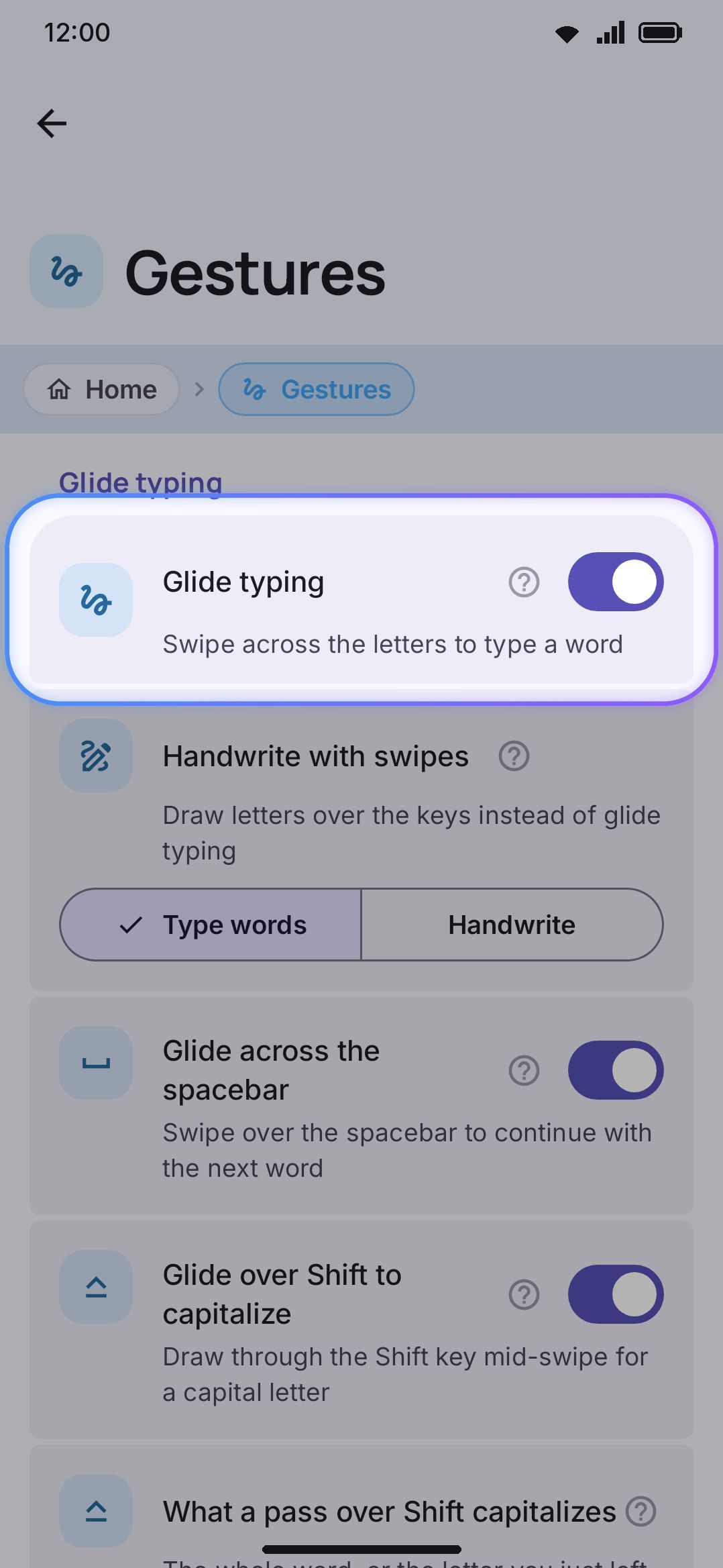 The Gestures group on the Typing settings screen.