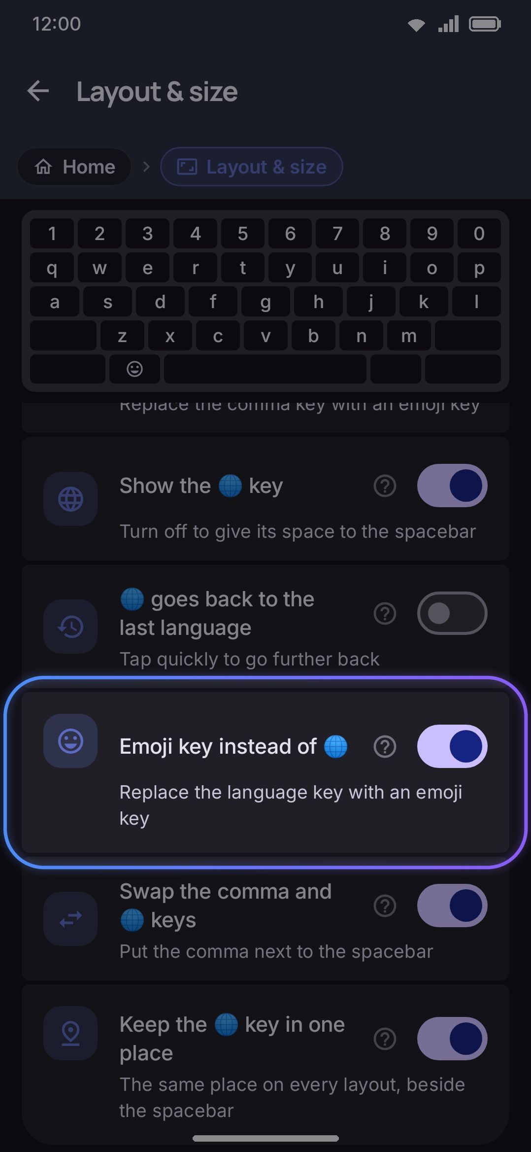Layout & size → Bottom-row keys: turning off Emoji key instead of 🌐 restores the language-switch key.
