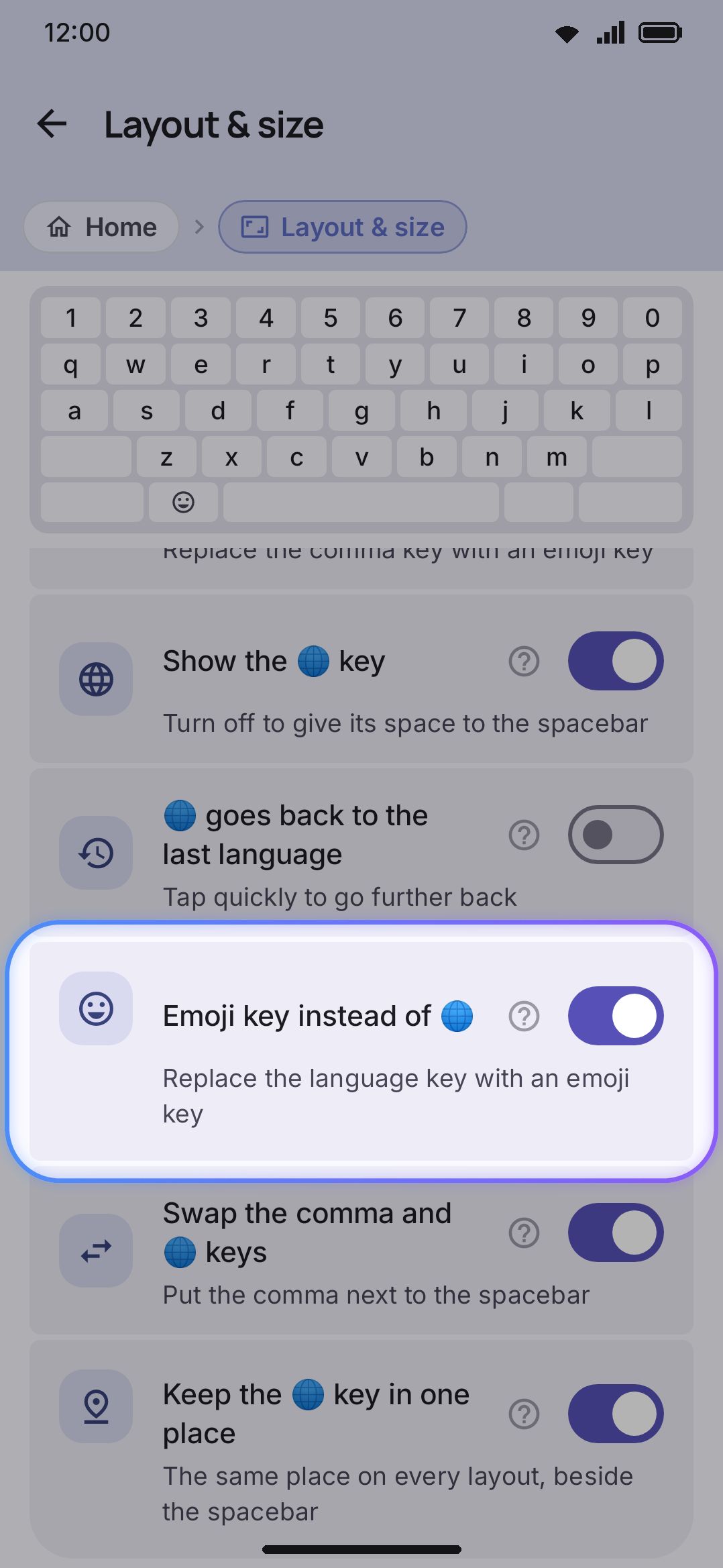 Layout & size → Bottom-row keys: turning off Emoji key instead of 🌐 restores the language-switch key.
