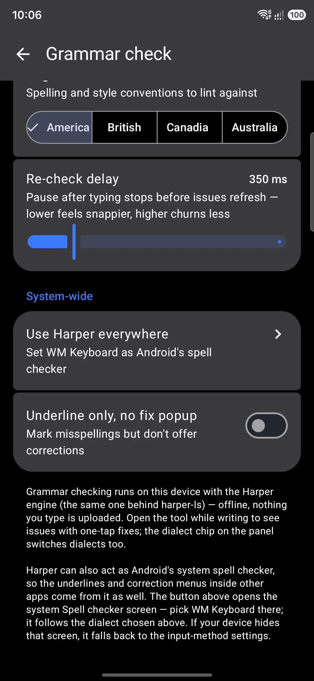 The Grammar check settings screen: dialect, re-check delay, and the system-wide group.