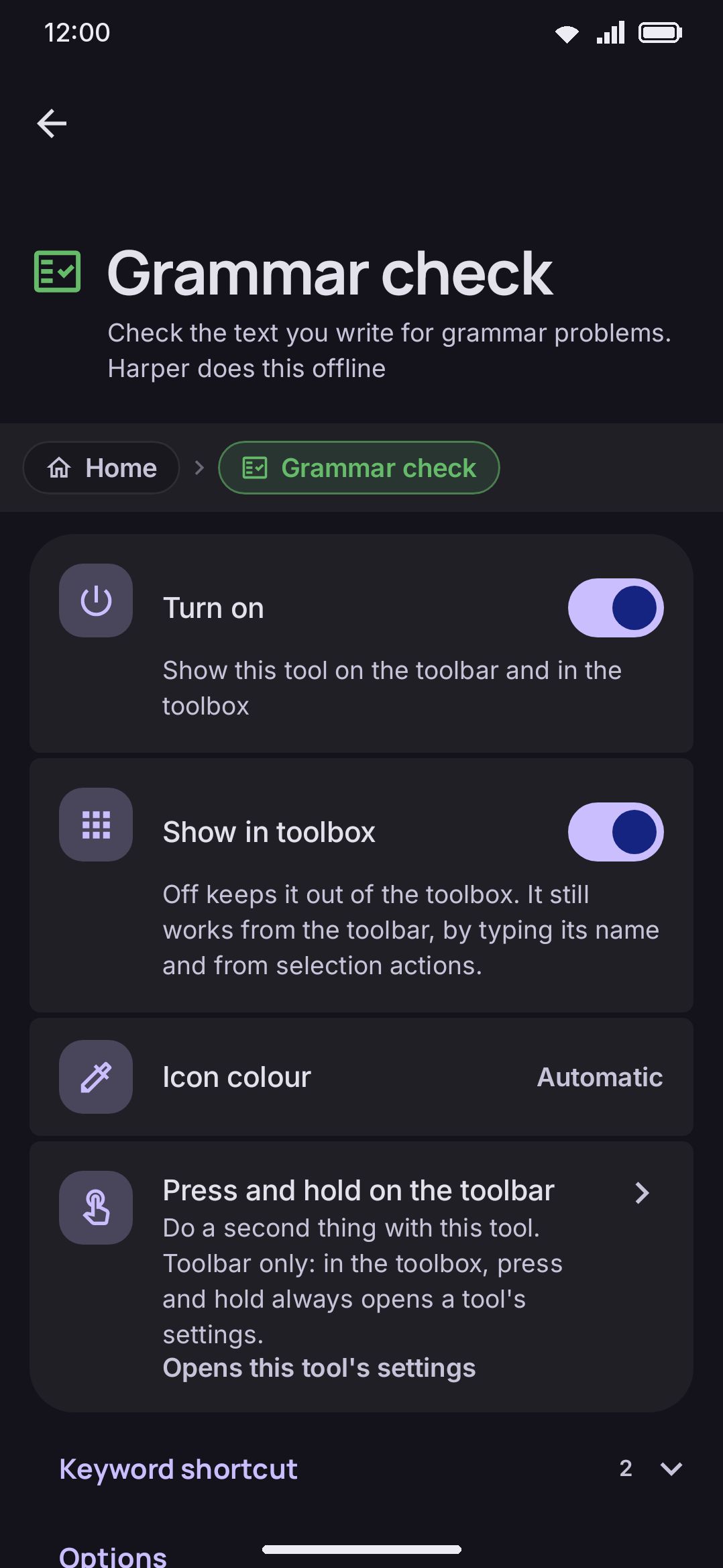The Grammar check settings screen: dialect, re-check delay, and the system-wide group.