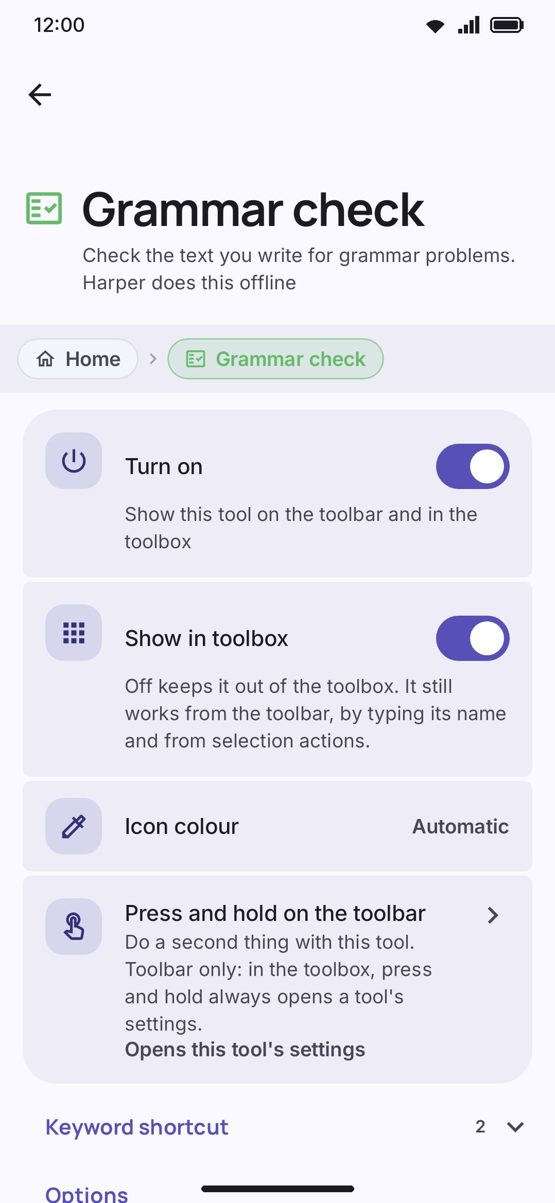 The Grammar check settings screen: dialect, re-check delay, and the system-wide group.
