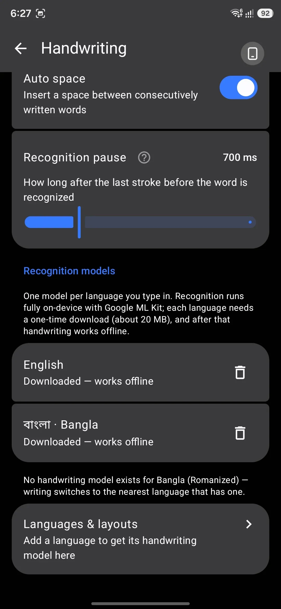 Recognition models: one row per enabled language, each with its own download status.