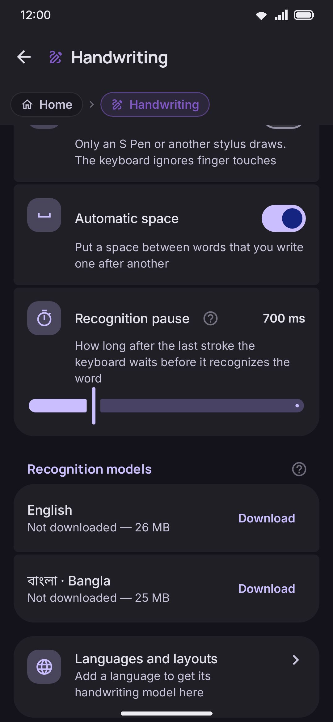 Recognition models: one row per enabled language, each with its own download status.