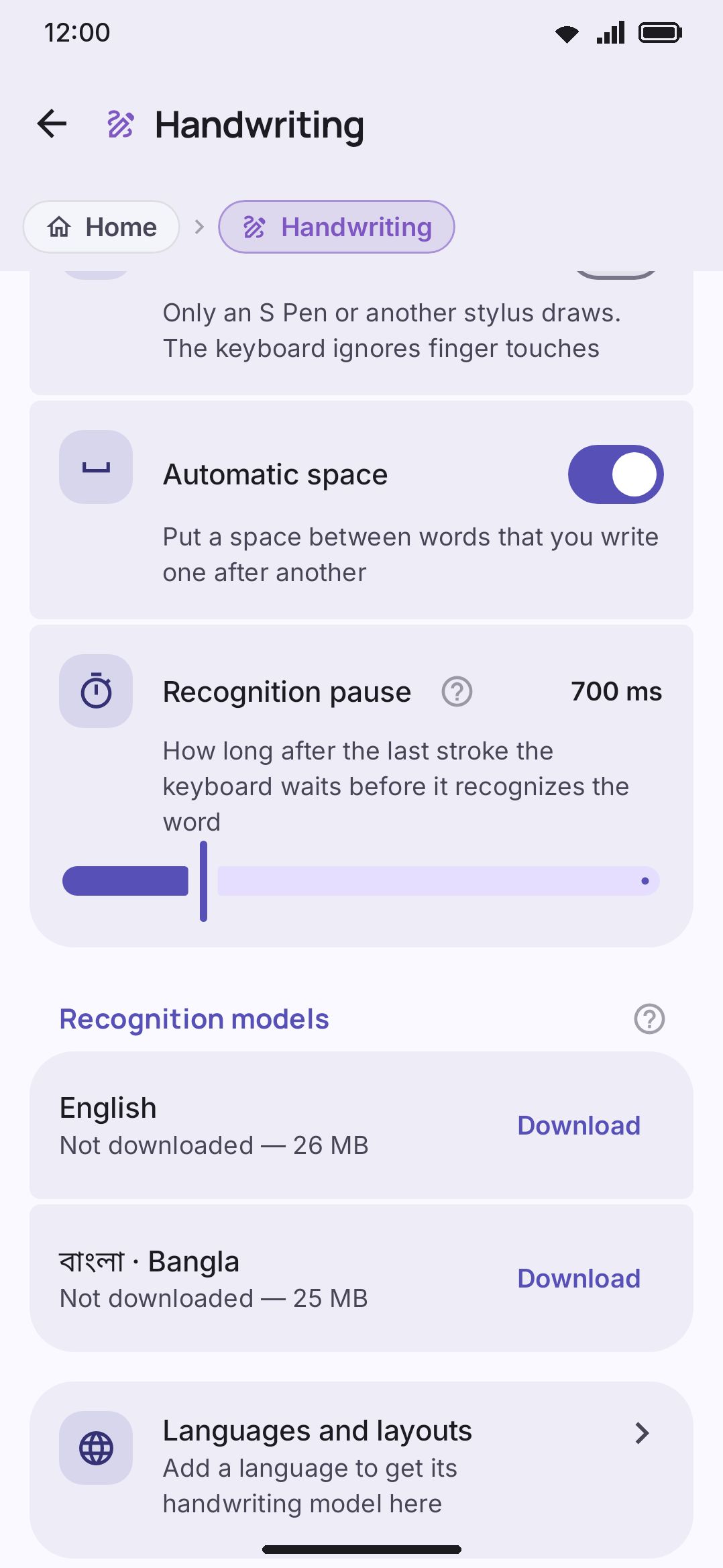 Recognition models: one row per enabled language, each with its own download status.