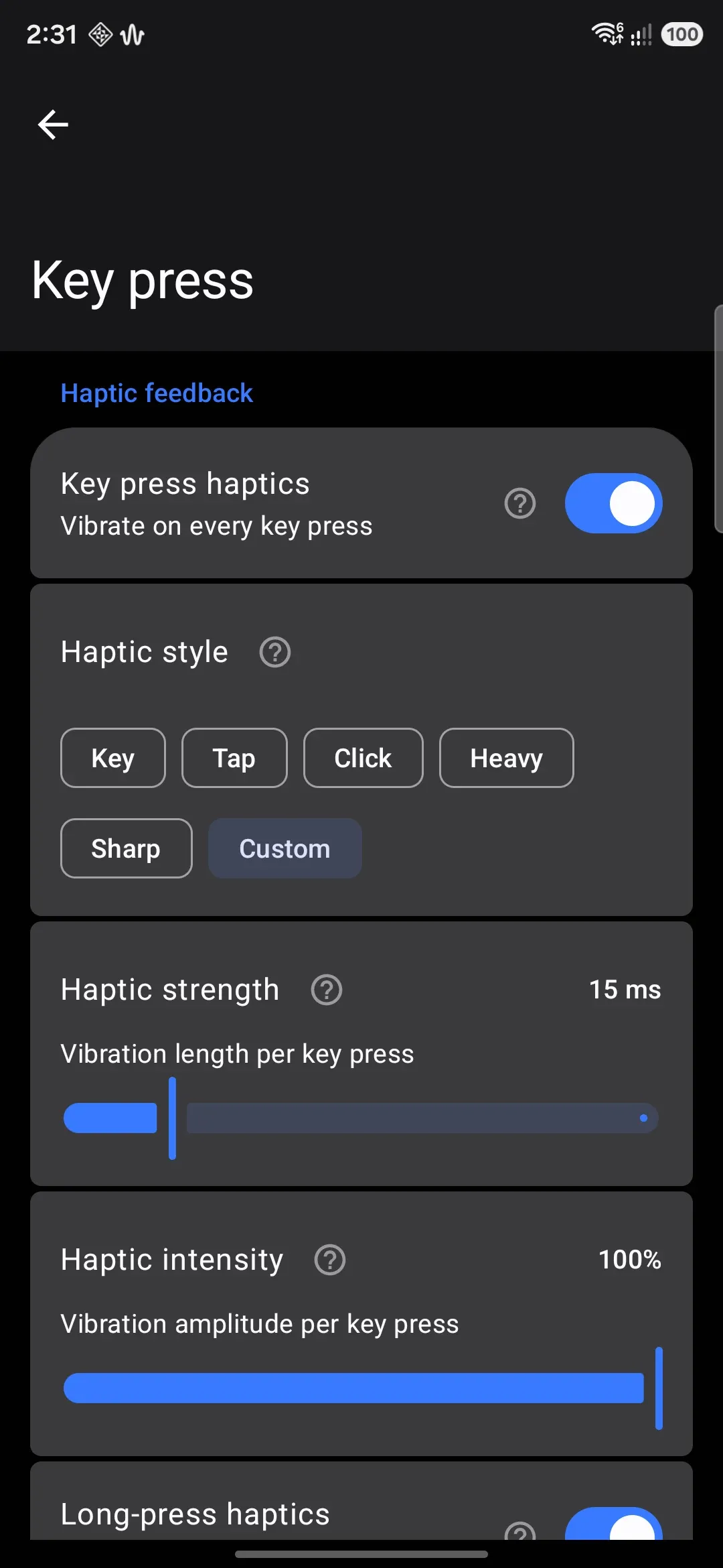 Haptic style chips, with the strength and intensity sliders shown for Custom.