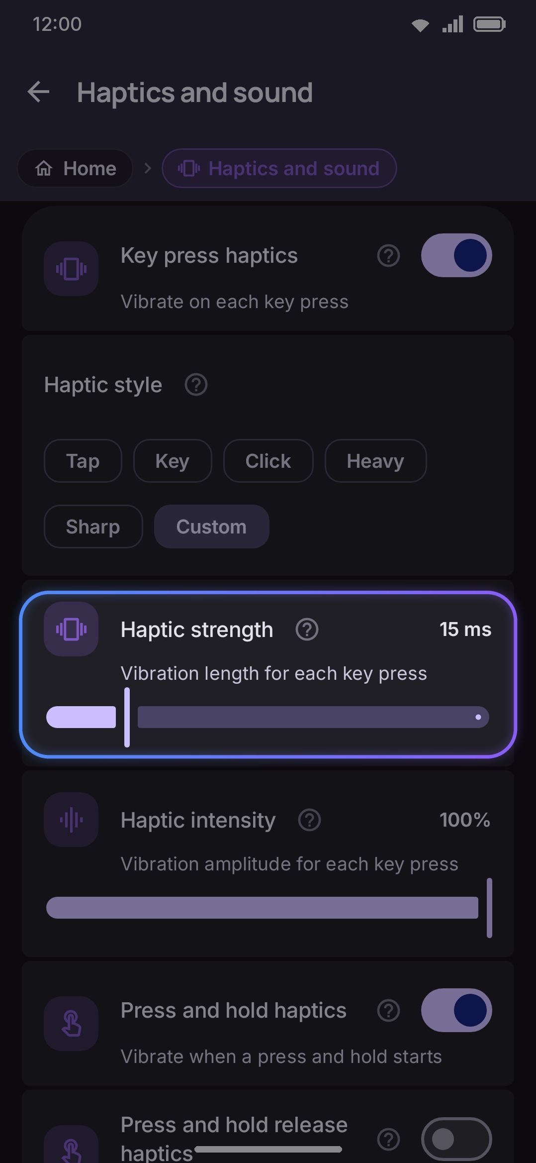 Haptic style chips, with the strength and intensity sliders shown for Custom.