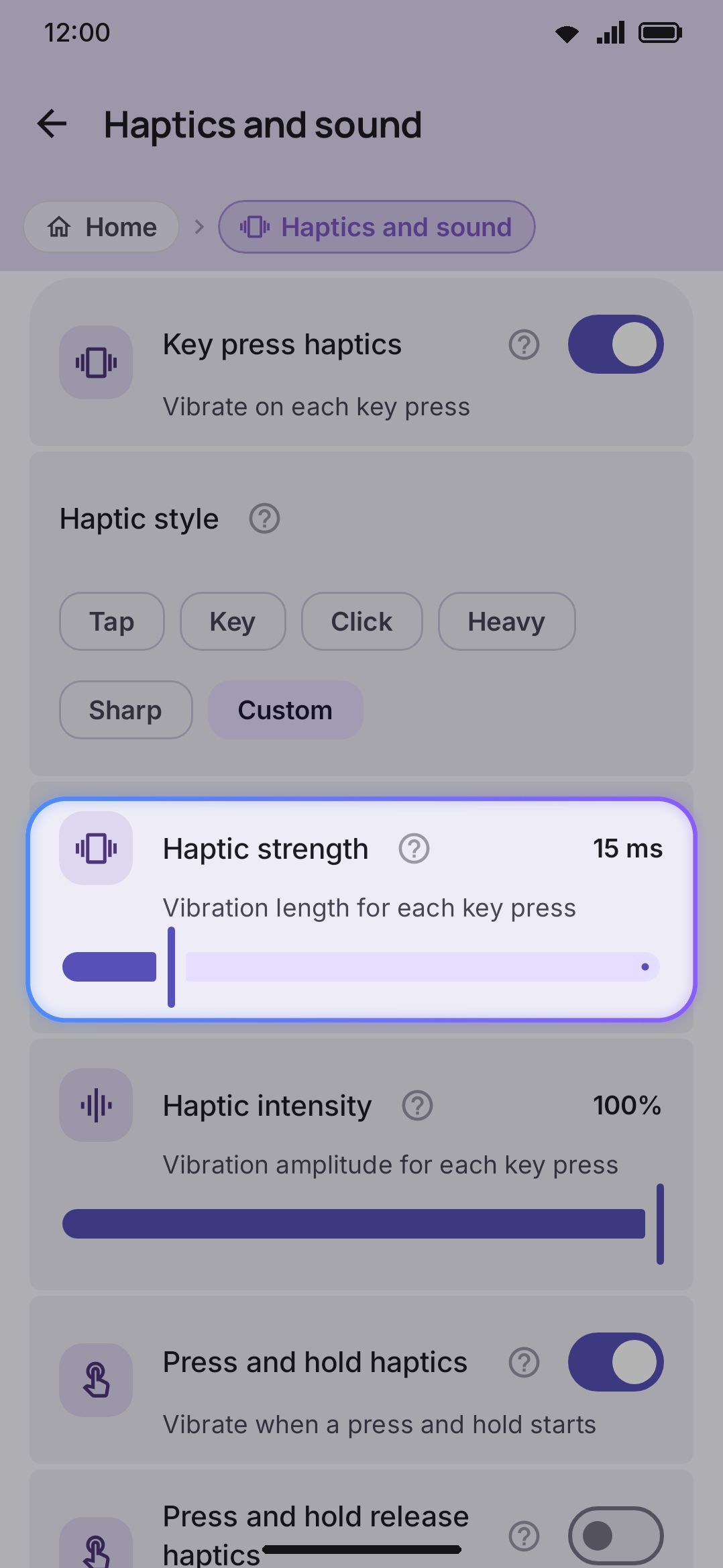 Haptic style chips, with the strength and intensity sliders shown for Custom.