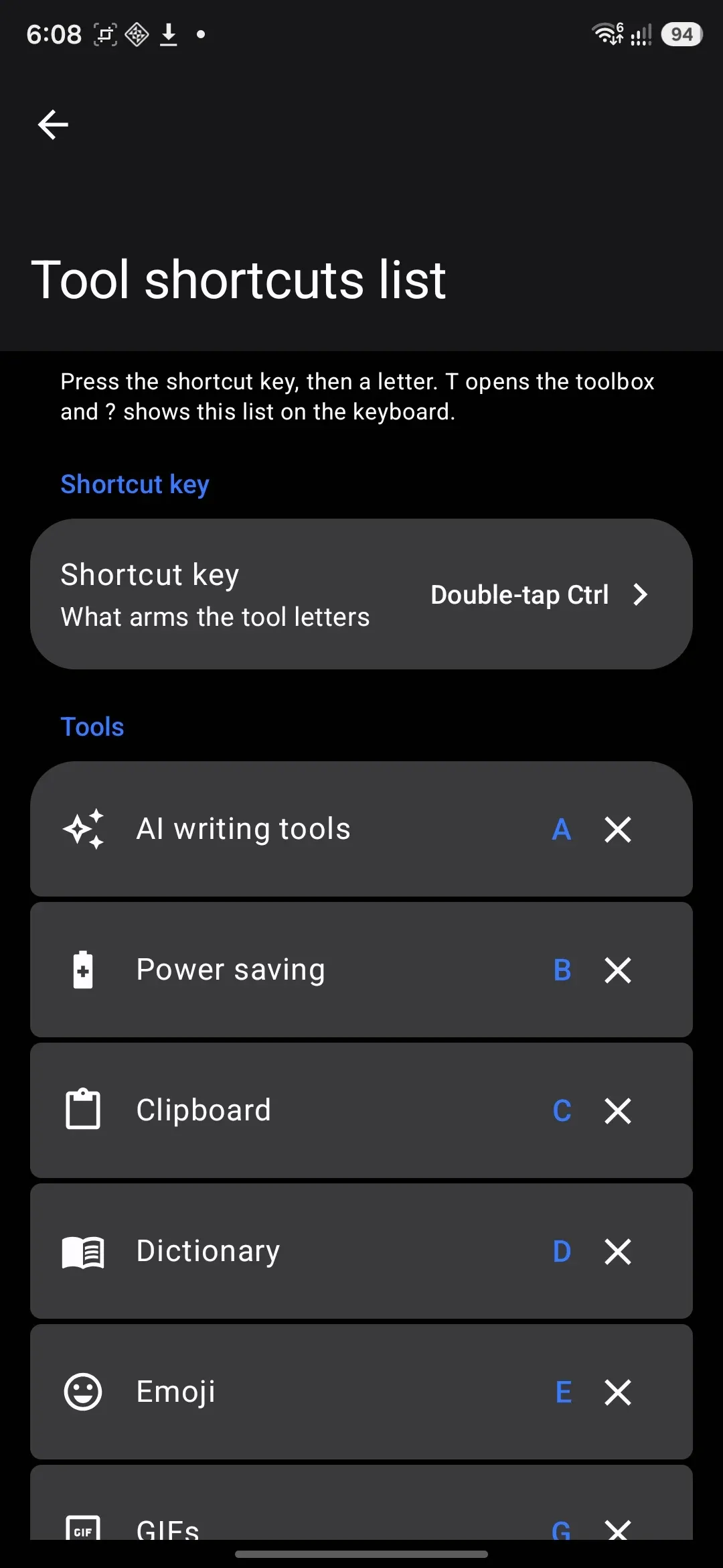 The Tool shortcuts list screen: every tool with the letter that opens it.