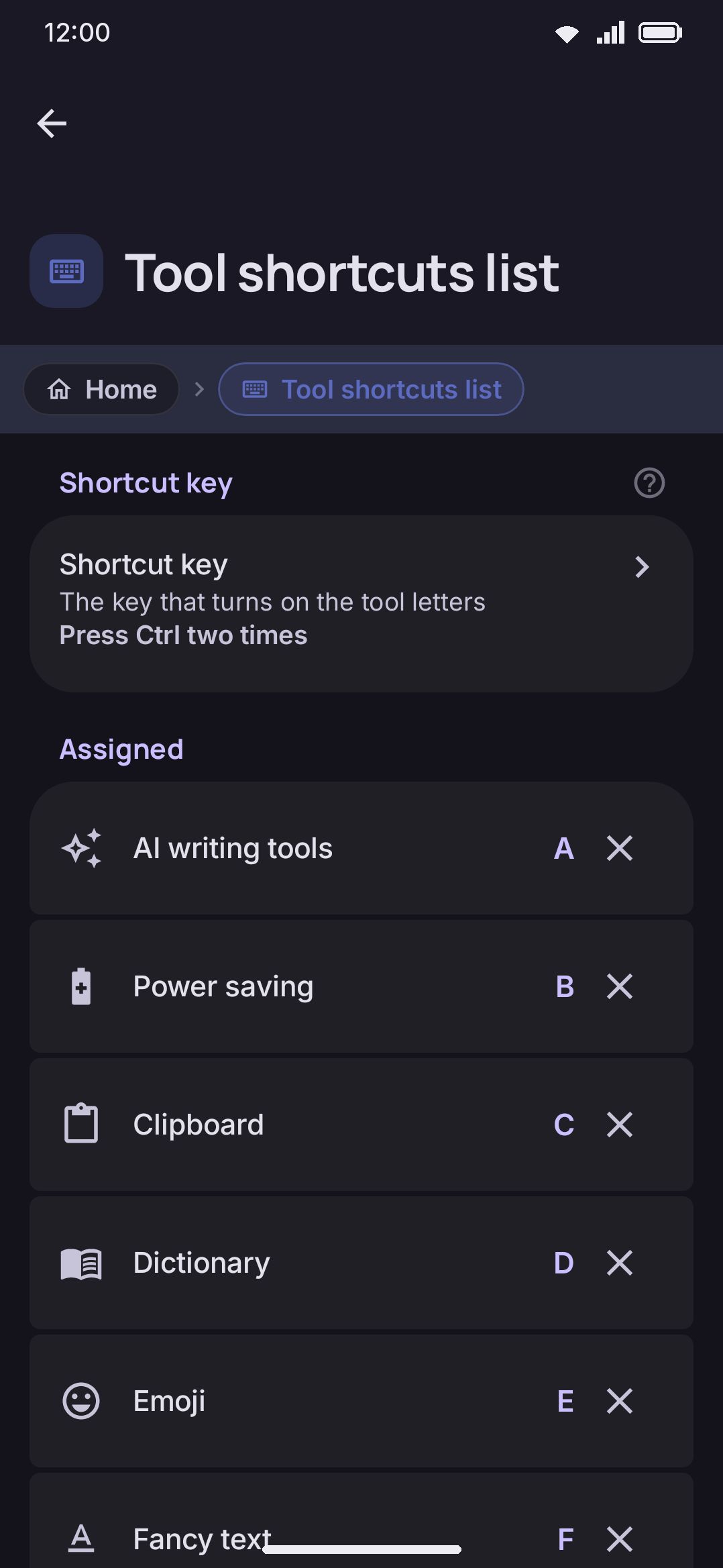 The Tool shortcuts list screen: every tool with the letter that opens it.