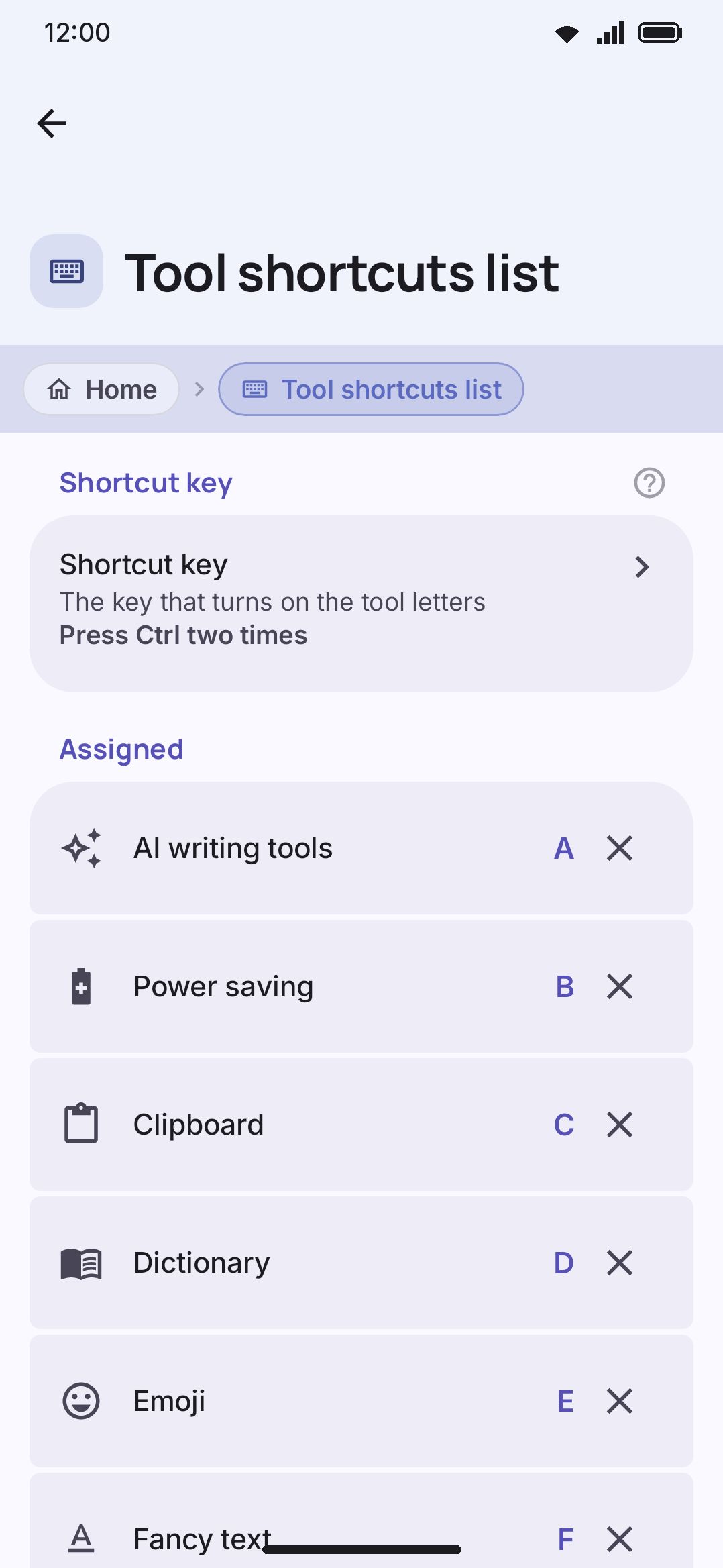The Tool shortcuts list screen: every tool with the letter that opens it.