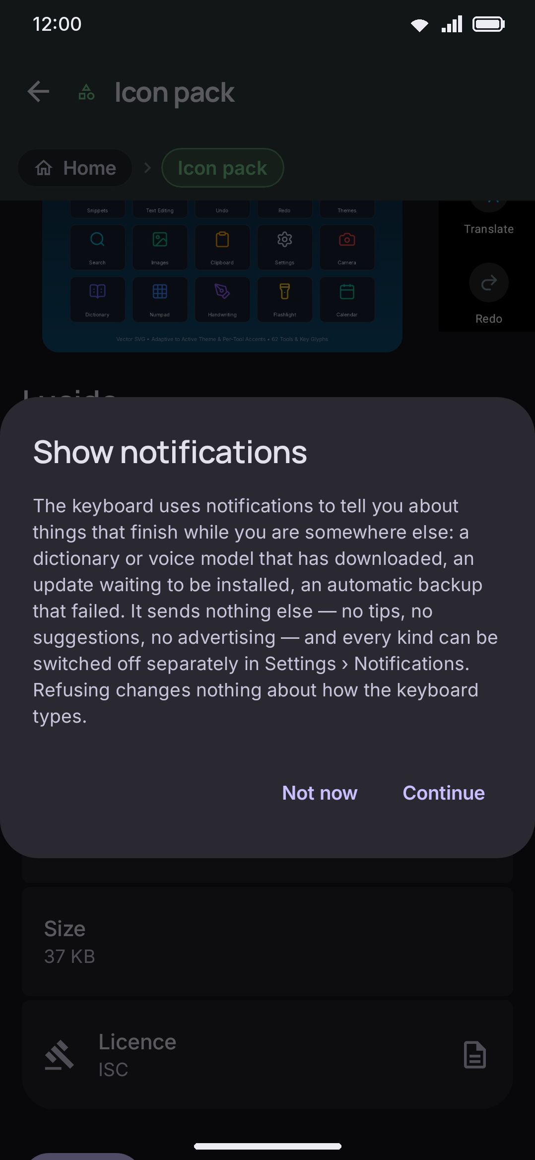 After installing an icon pack from an addon repository, the app asks whether to switch to it.
