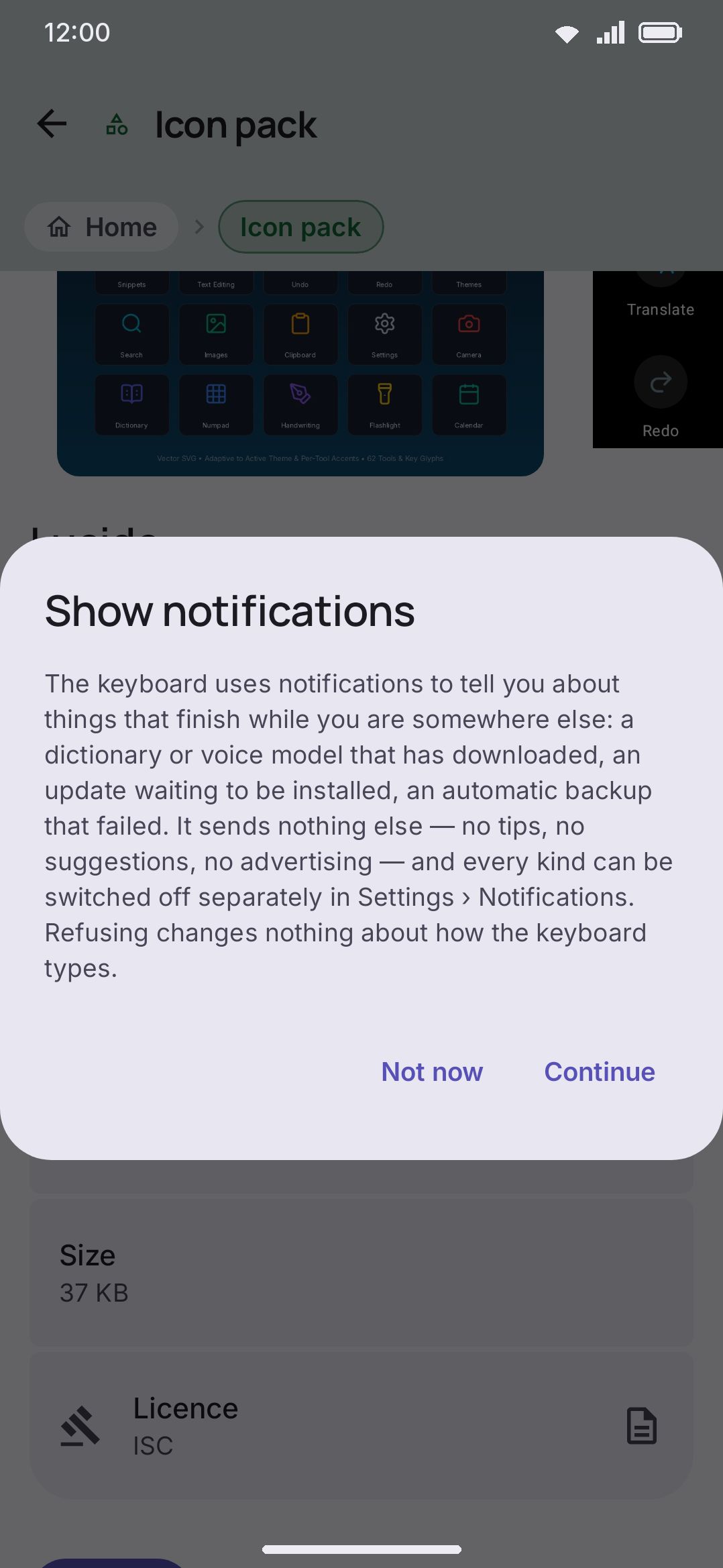 After installing an icon pack from an addon repository, the app asks whether to switch to it.