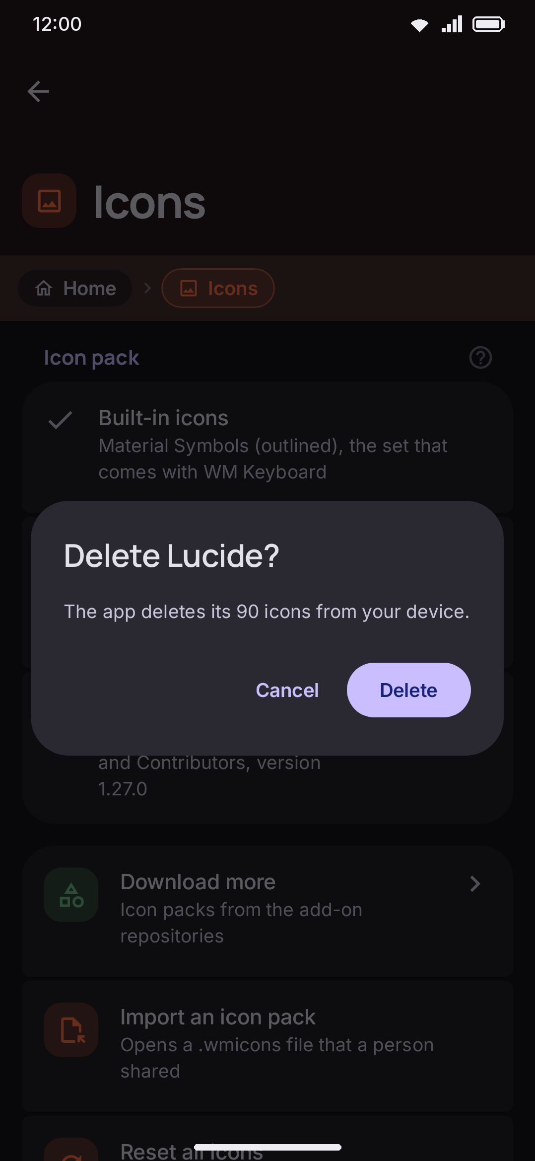 Confirming deletion of an installed icon pack.