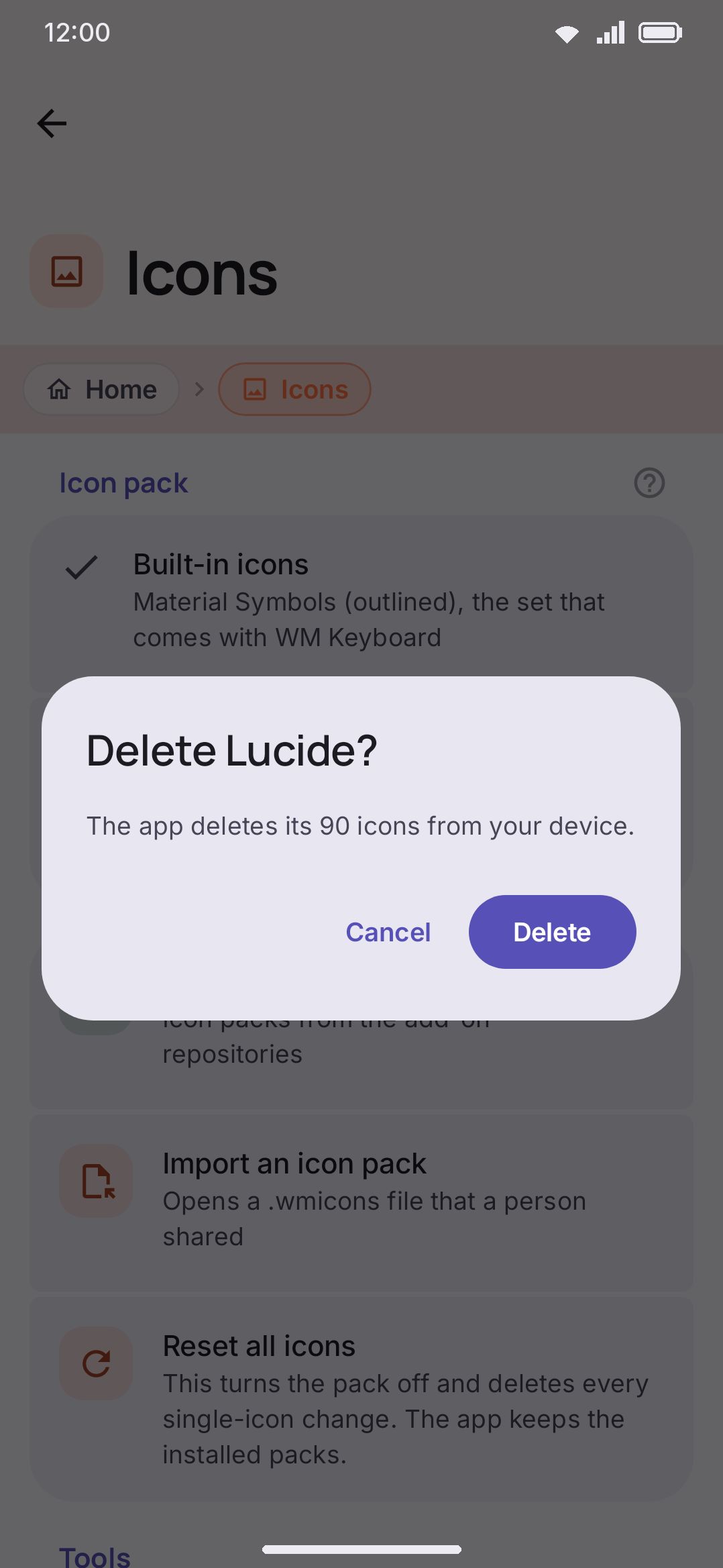 Confirming deletion of an installed icon pack.