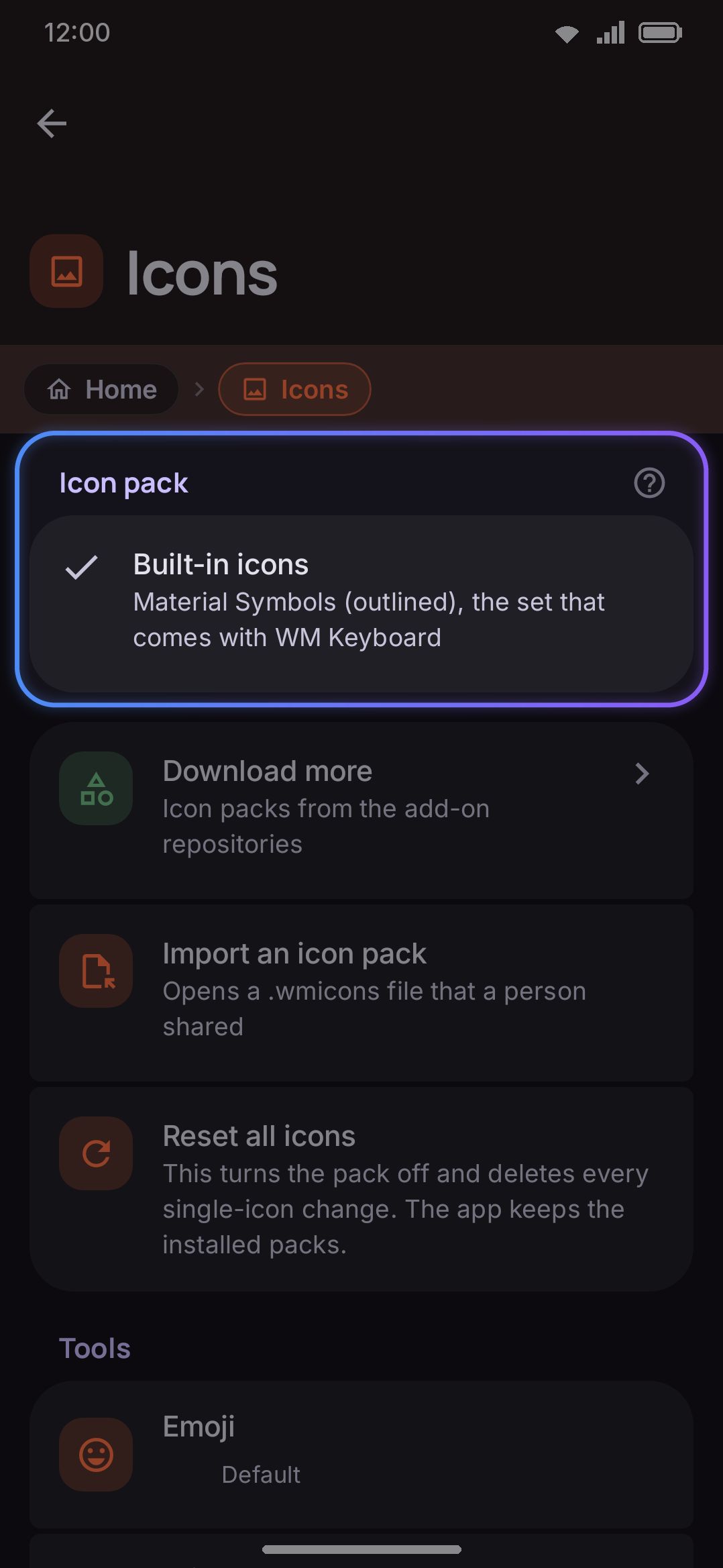 The Icons screen: the active pack (with export and delete on each installed row), then the slot list.