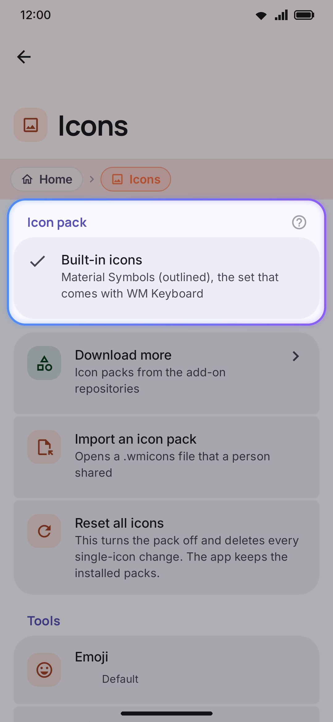 The Icons screen: the active pack (with export and delete on each installed row), then the slot list.