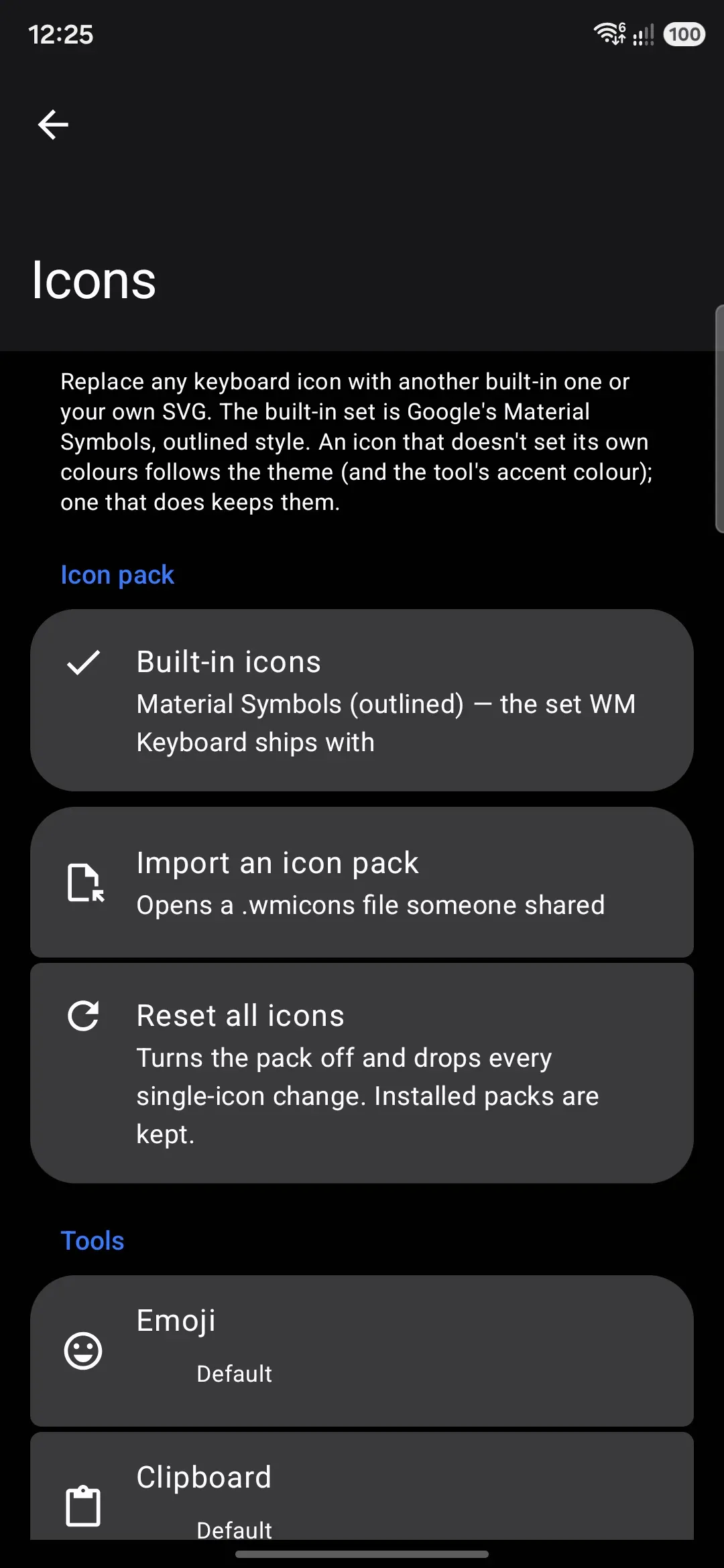 The Icons screen: the active pack, and every replaceable slot grouped by where it appears.