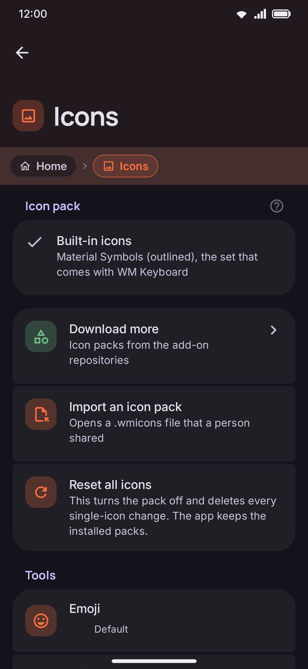 The Icons screen: the active pack, and every replaceable slot grouped by where it appears.