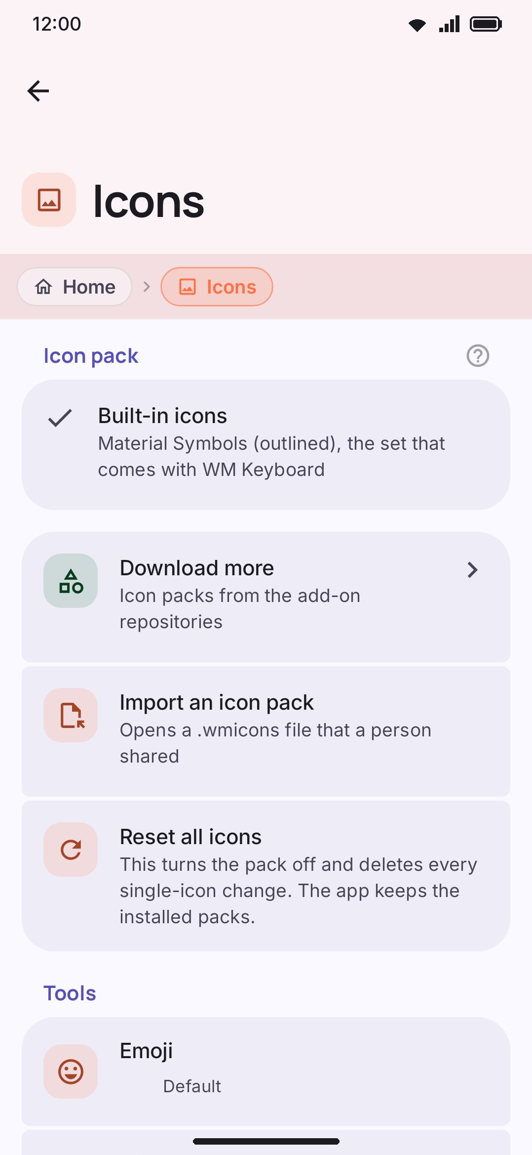 The Icons screen: the active pack, and every replaceable slot grouped by where it appears.