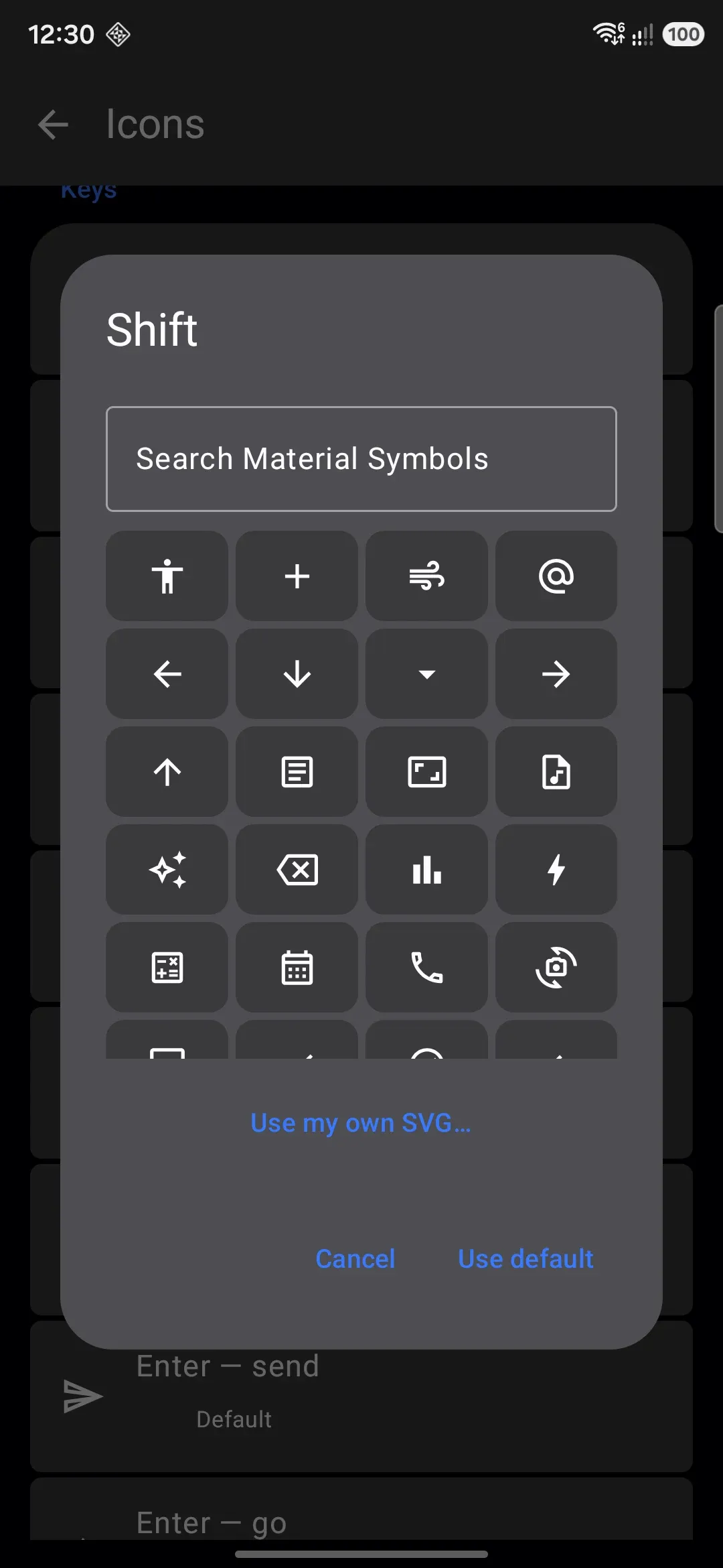 Picking a replacement for the Shift icon: built-in alternatives, or an SVG of your own.