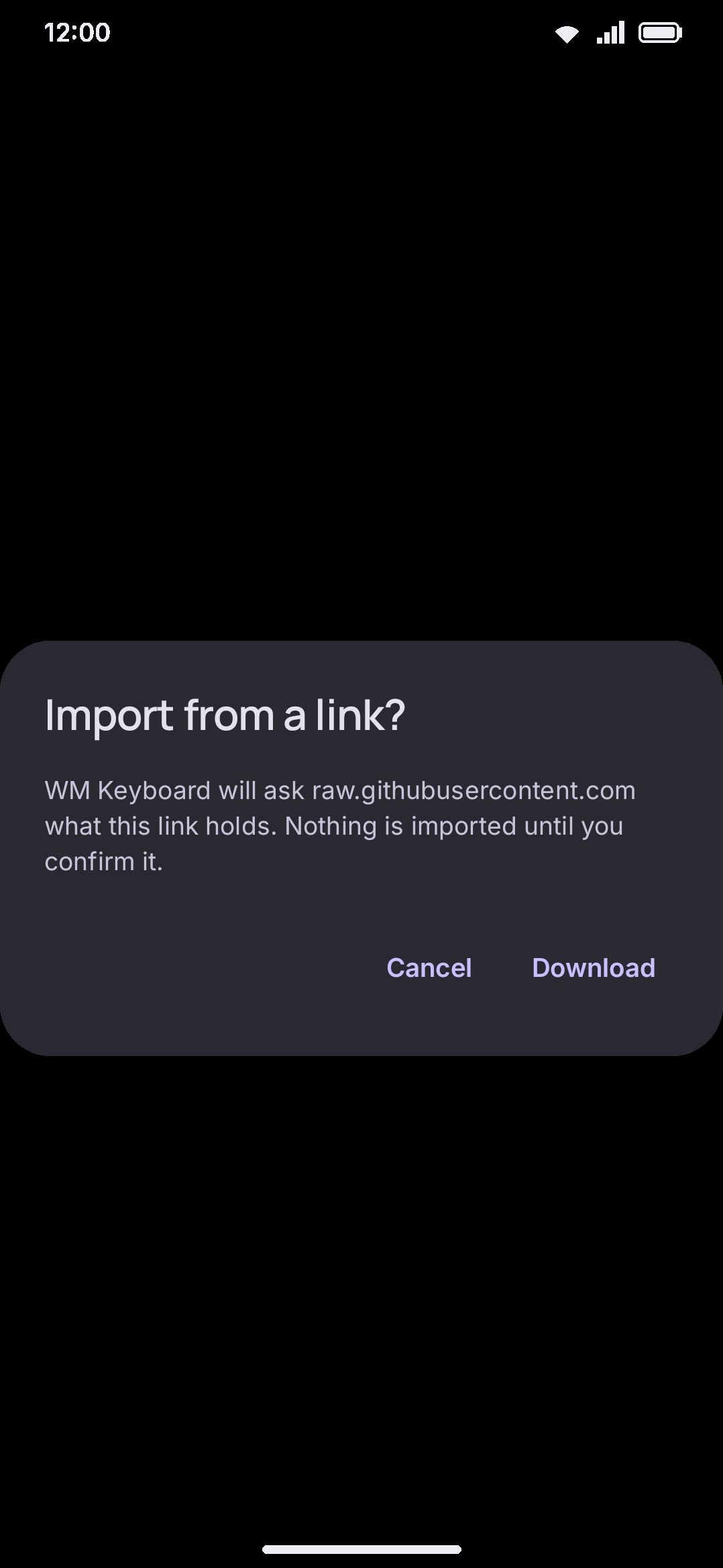 Sharing a GitHub link into WM Keyboard. The dialog names the host it will ask before it asks anything.