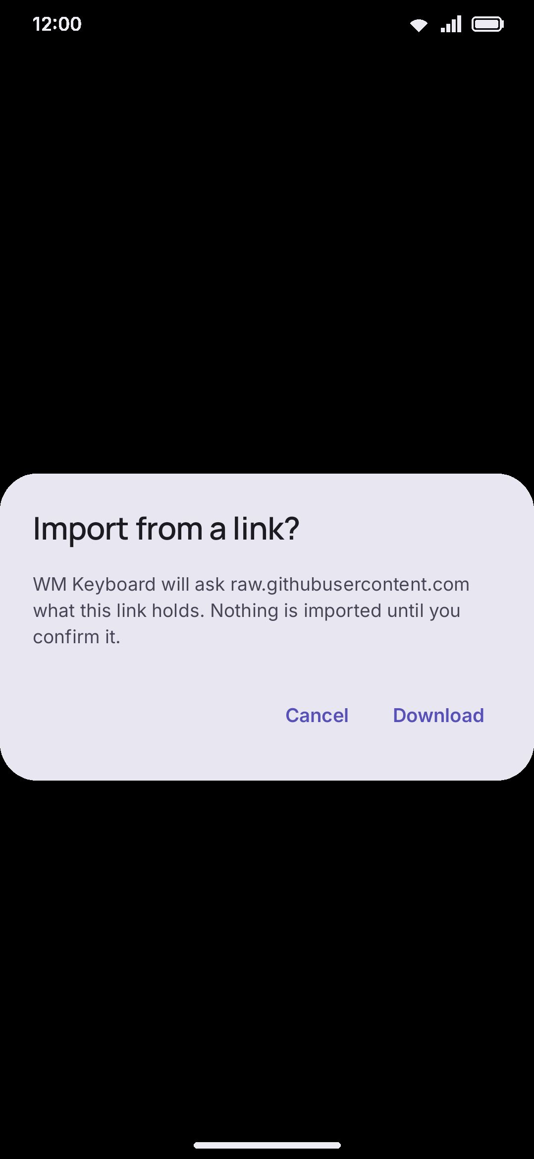 Sharing a GitHub link into WM Keyboard. The dialog names the host it will ask before it asks anything.