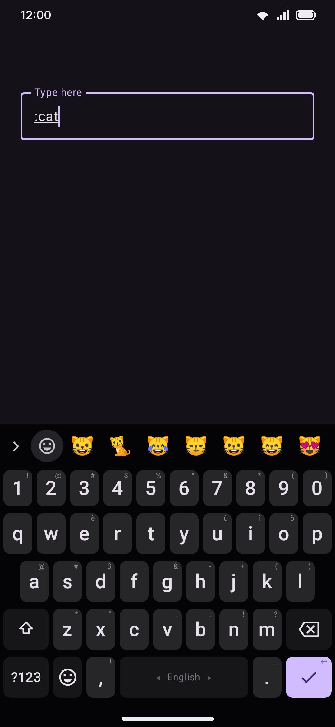 Typing a colon turns the suggestion strip into emoji search results.