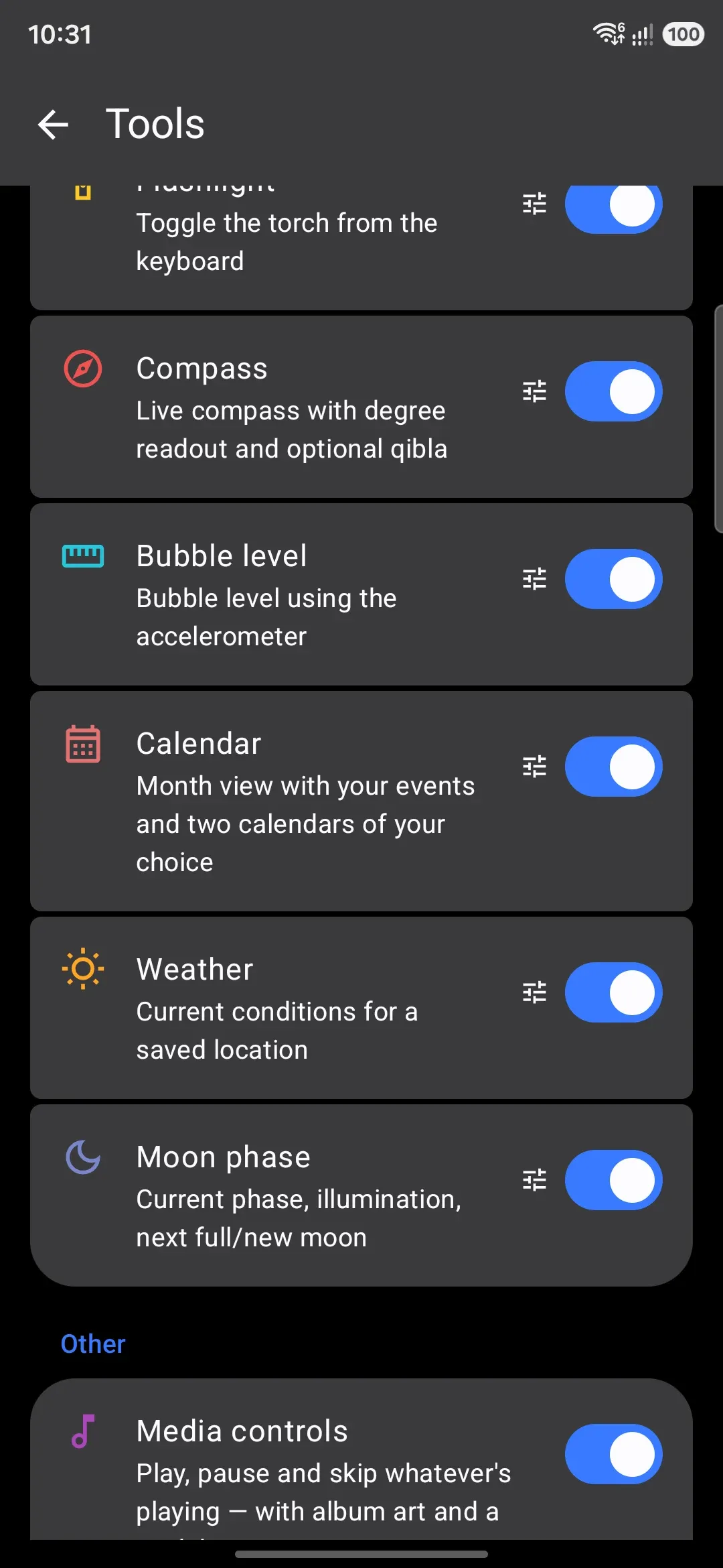 The Utilities group under Settings → Tools: Flashlight, Compass, Bubble level, Calendar, Weather and Moon phase.