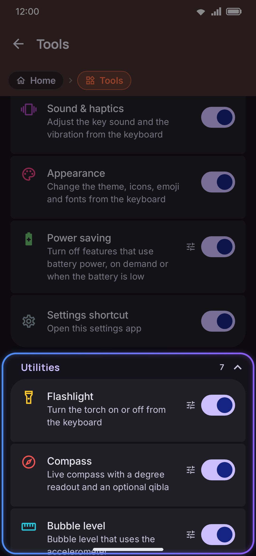 The Utilities group under Settings → Tools: Flashlight, Compass, Bubble level, Calendar, Weather and Moon phase.