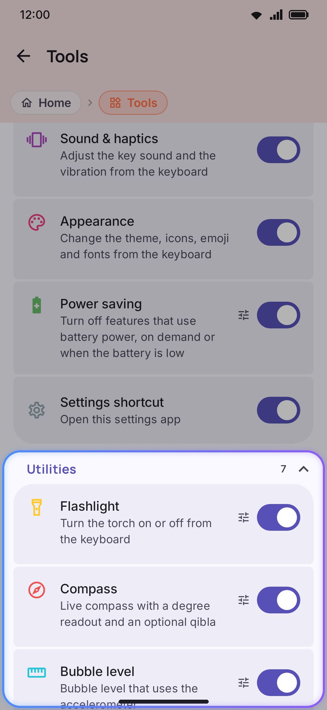 The Utilities group under Settings → Tools: Flashlight, Compass, Bubble level, Calendar, Weather and Moon phase.