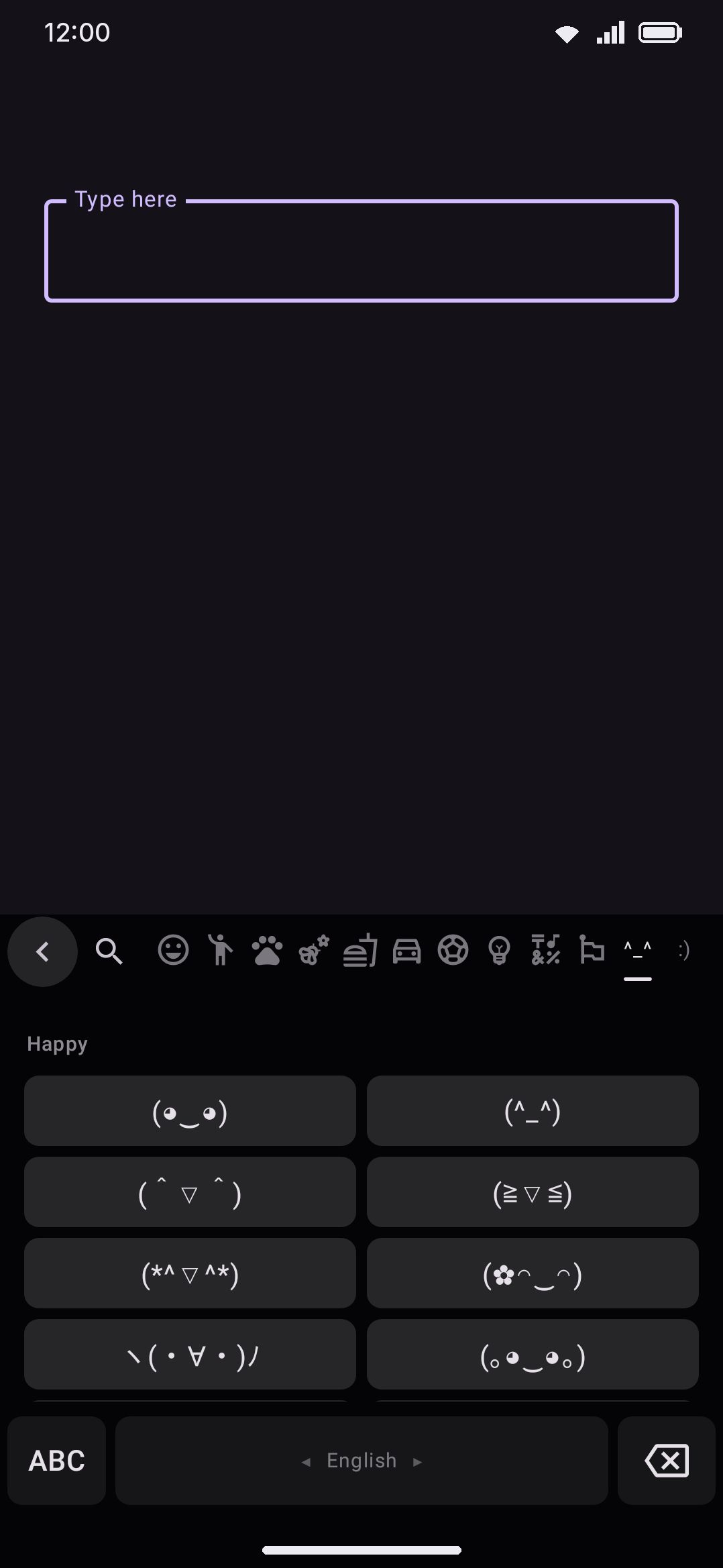 The emoji panel's Kaomoji tab, grouped by mood.
