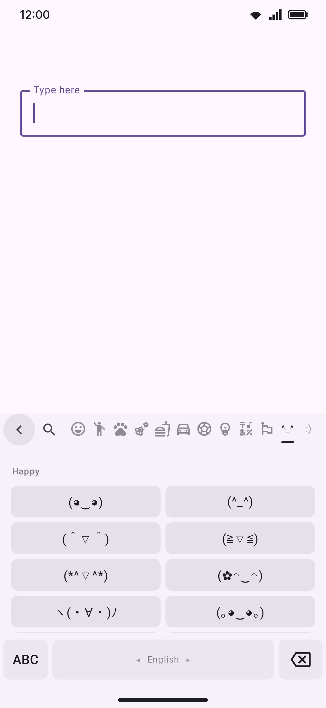 The emoji panel's Kaomoji tab, grouped by mood.