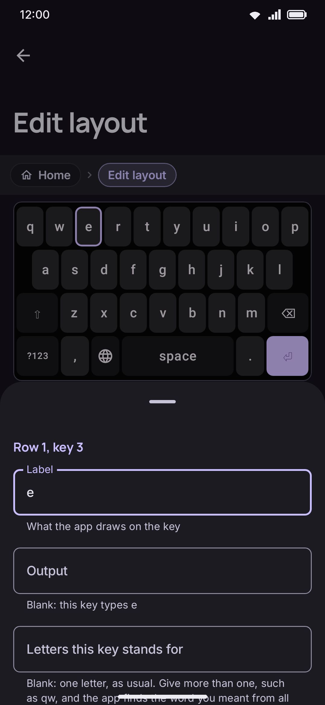 The key edit sheet — label, output, action, width, and long-press alternates.