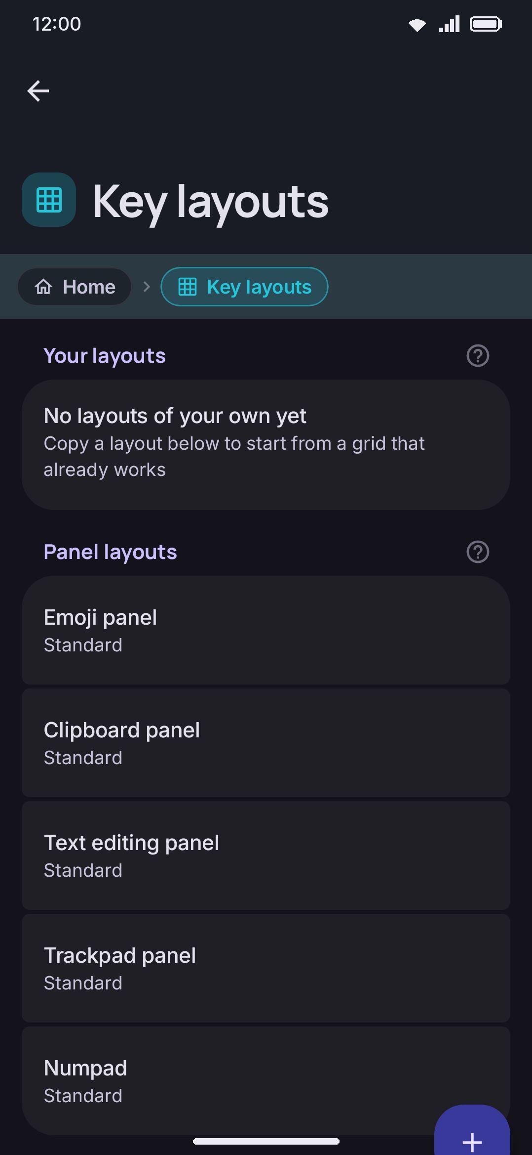 The Key layouts screen: your own layouts, the shipped set, and an import row.