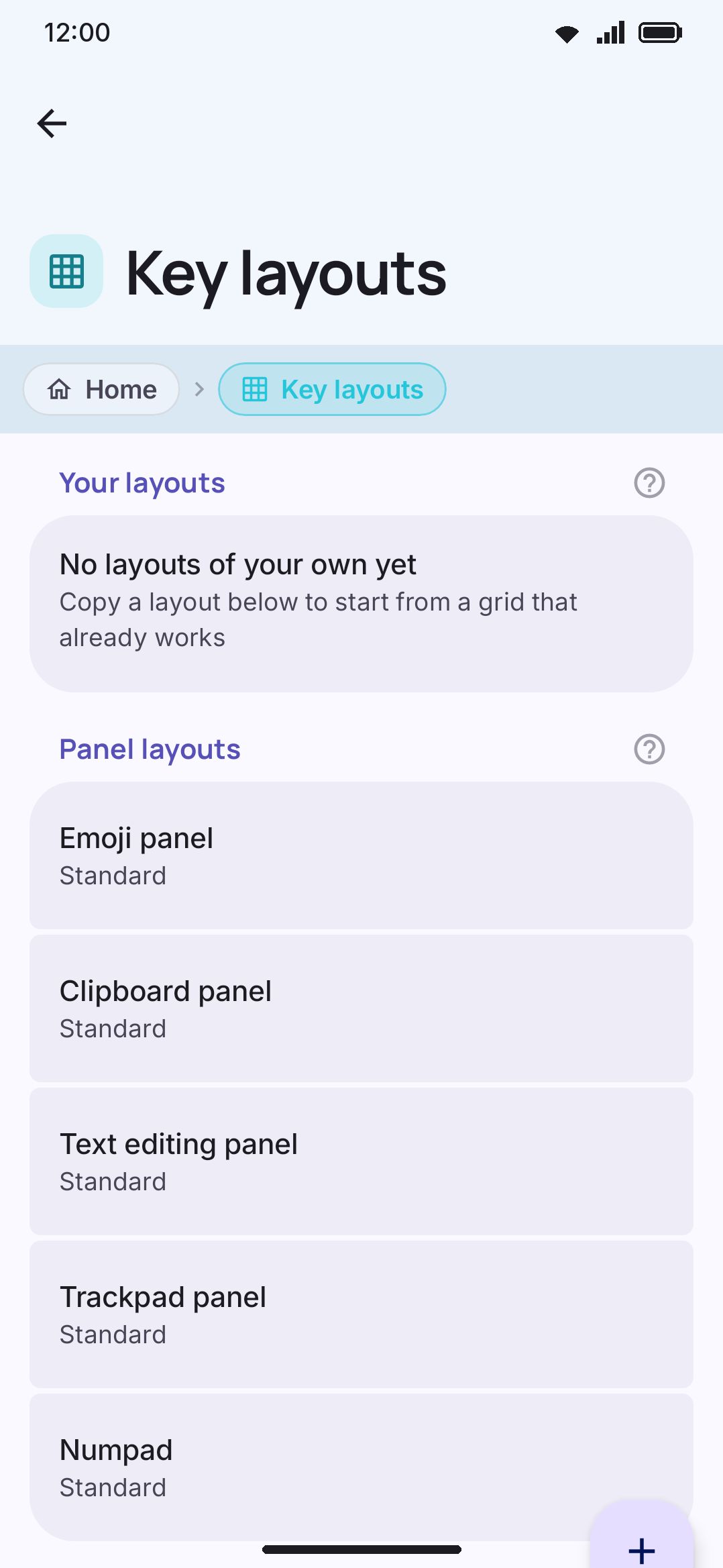 The Key layouts screen: your own layouts, the shipped set, and an import row.