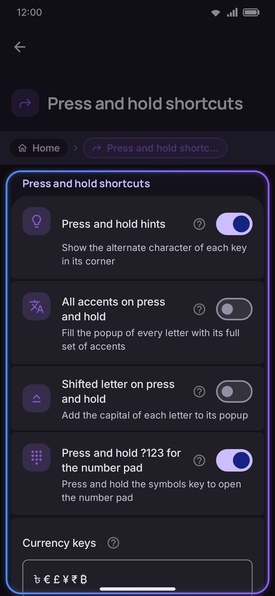 Long-press shortcuts: the currency keys field and the Hold-letter toggles.