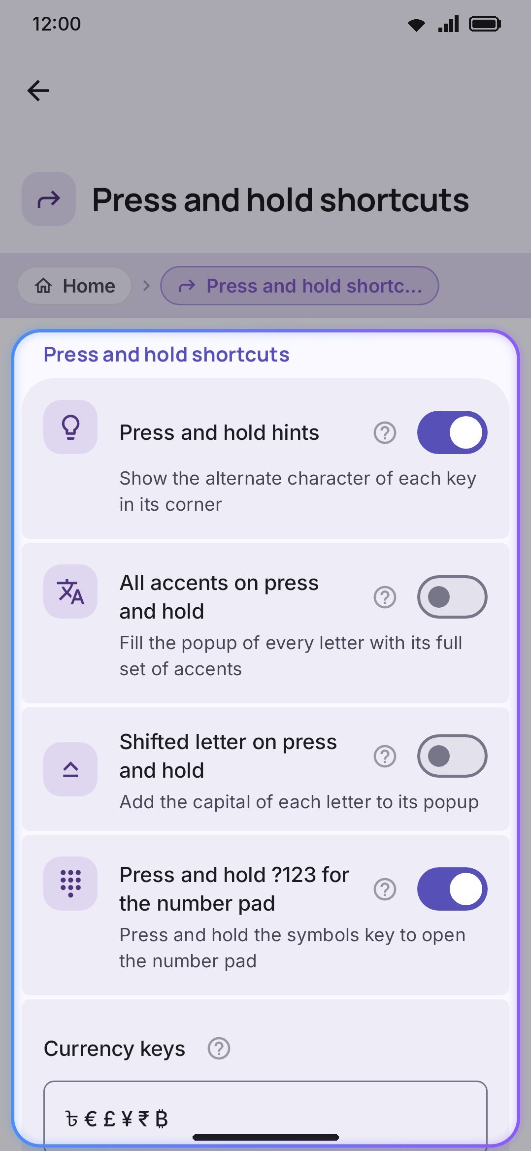 Long-press shortcuts: the currency keys field and the Hold-letter toggles.