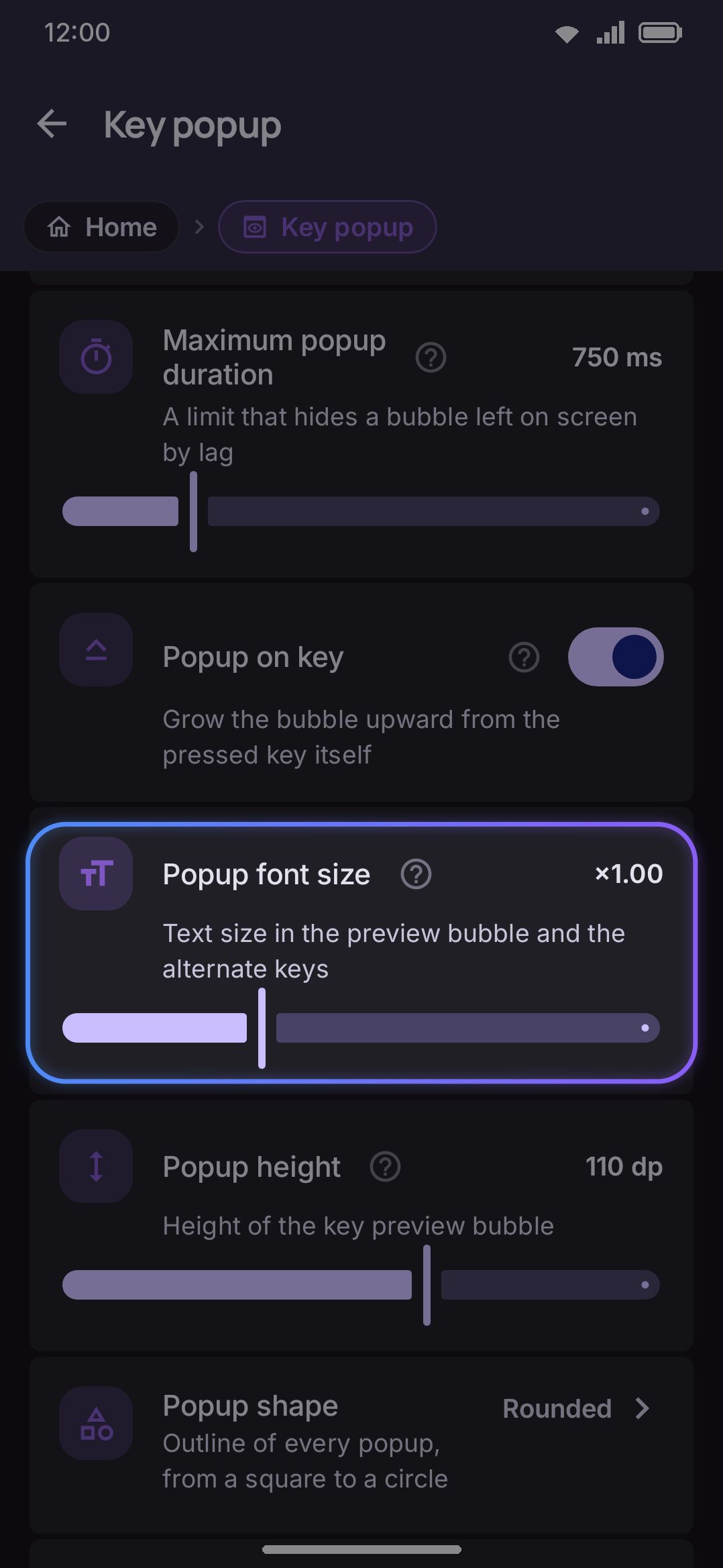 Key popup and Timing groups, mid-screen.