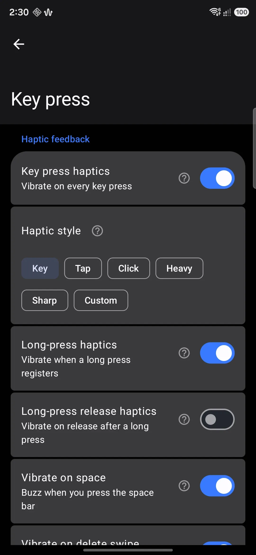 The Key press screen: haptic style chips above the key press sound group.