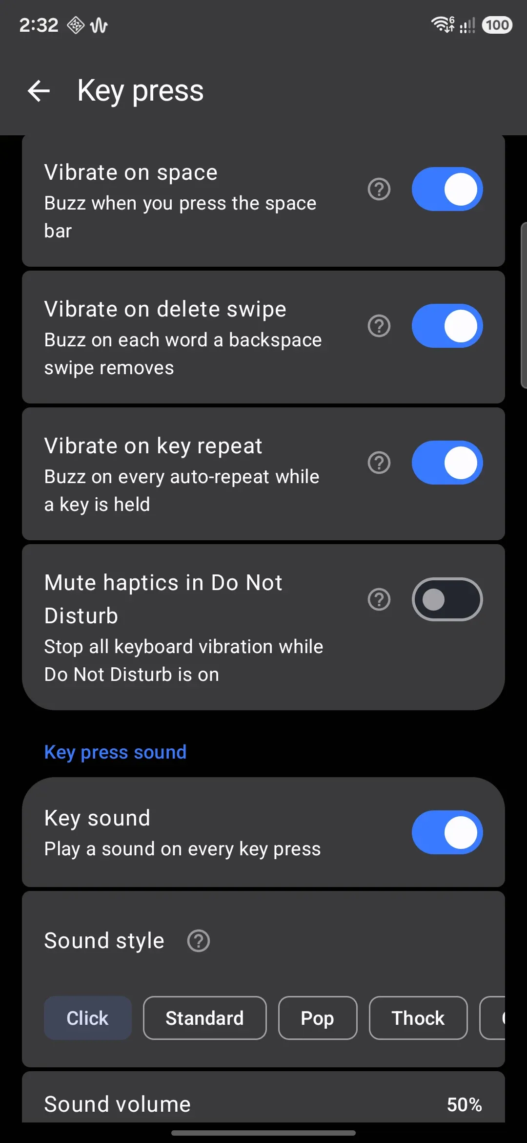 Sound style chips with the volume slider below.