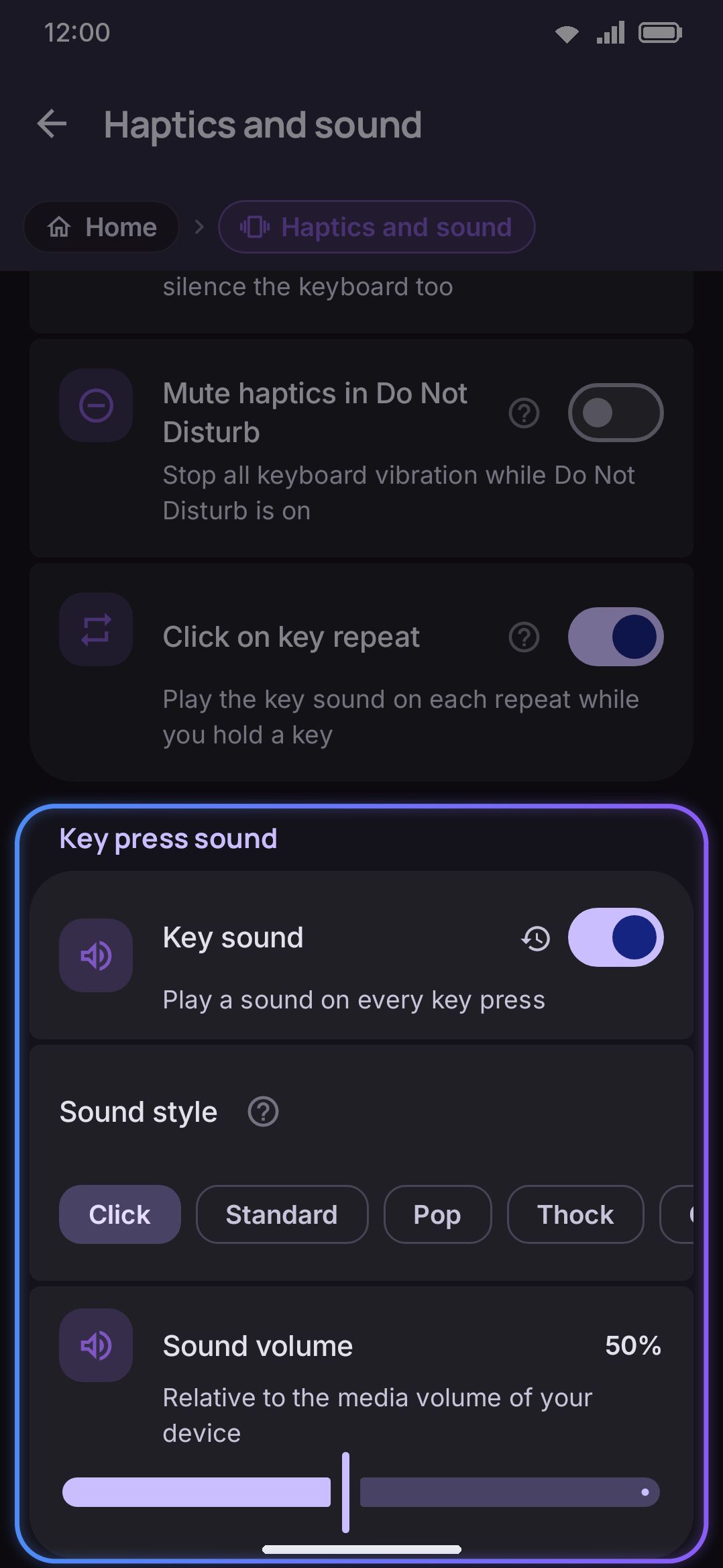 Sound style chips with the volume slider below.