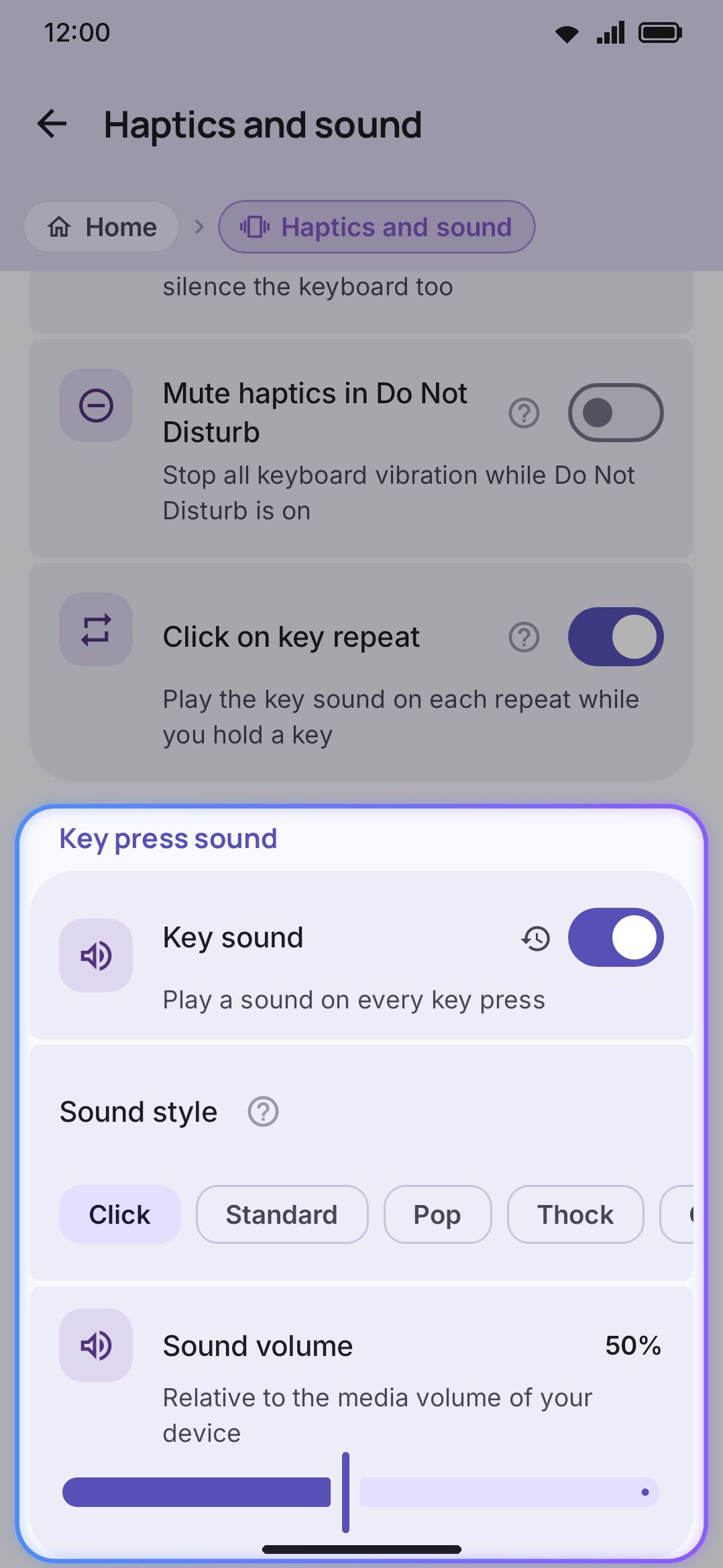 Sound style chips with the volume slider below.